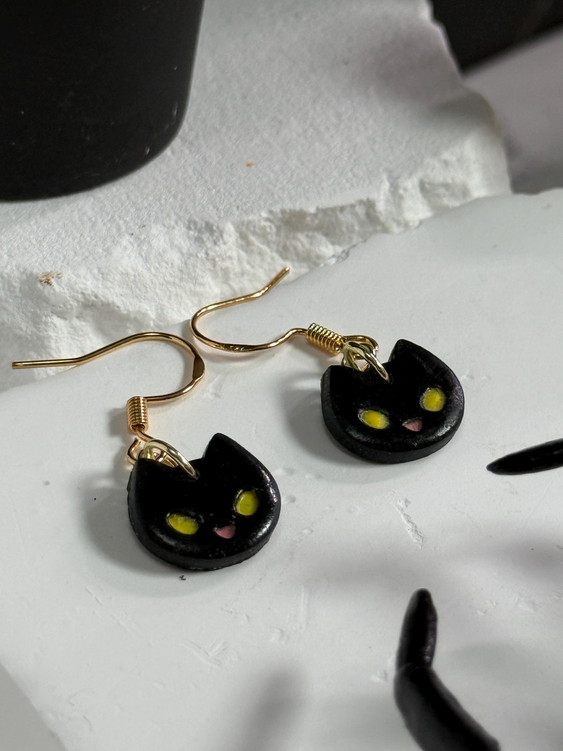 Kawaii Earrings, Whimsical Earrings – Black Cat Halloween Polymer Clay Dangles