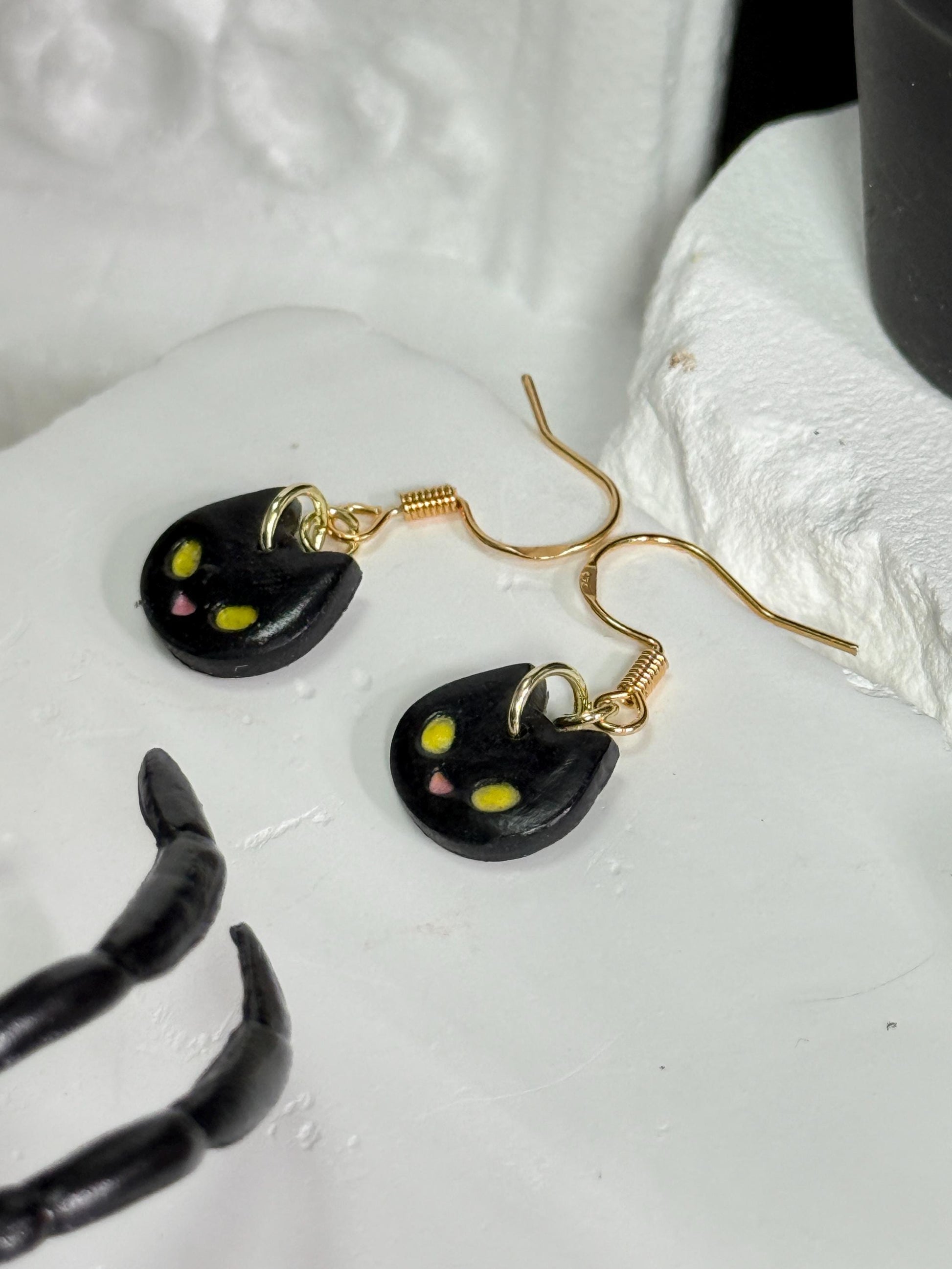 Kawaii Earrings, Whimsical Earrings – Black Cat Halloween Polymer Clay Dangles