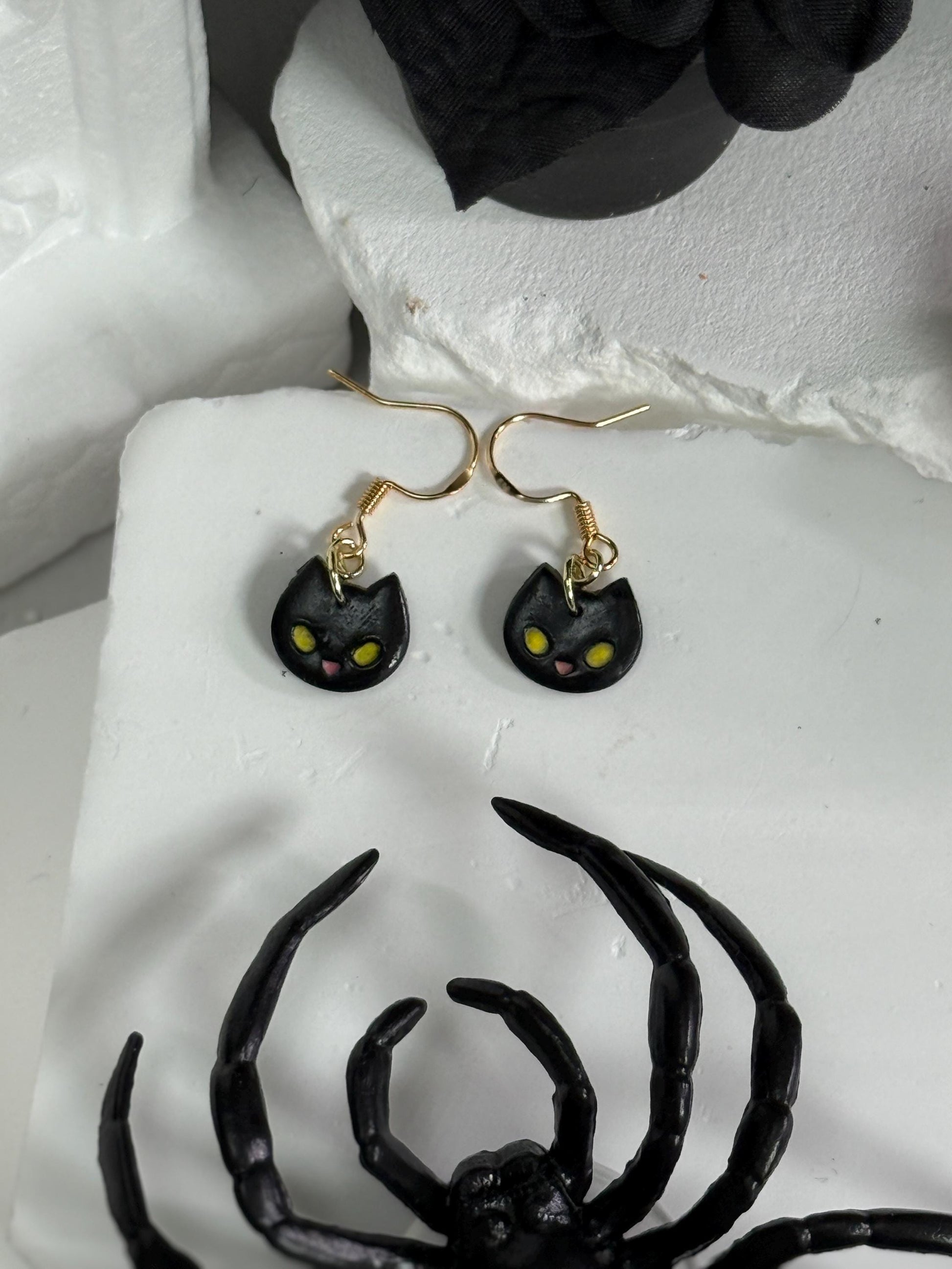 Kawaii Earrings, Whimsical Earrings – Black Cat Halloween Polymer Clay Dangles