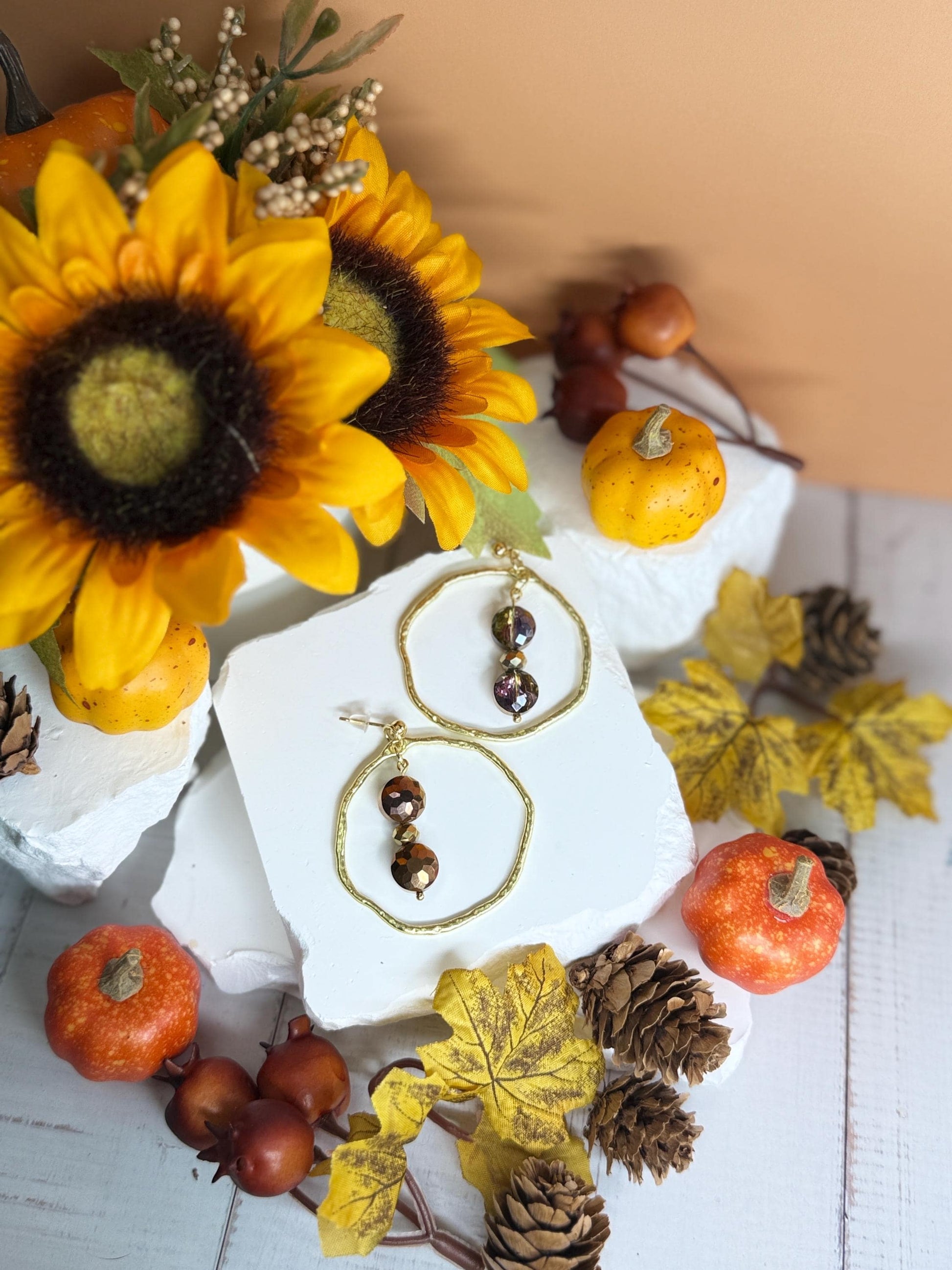 Hammered Gold Hoop Dangle Earrings: Autumn Glass Bead Statement Jewelry