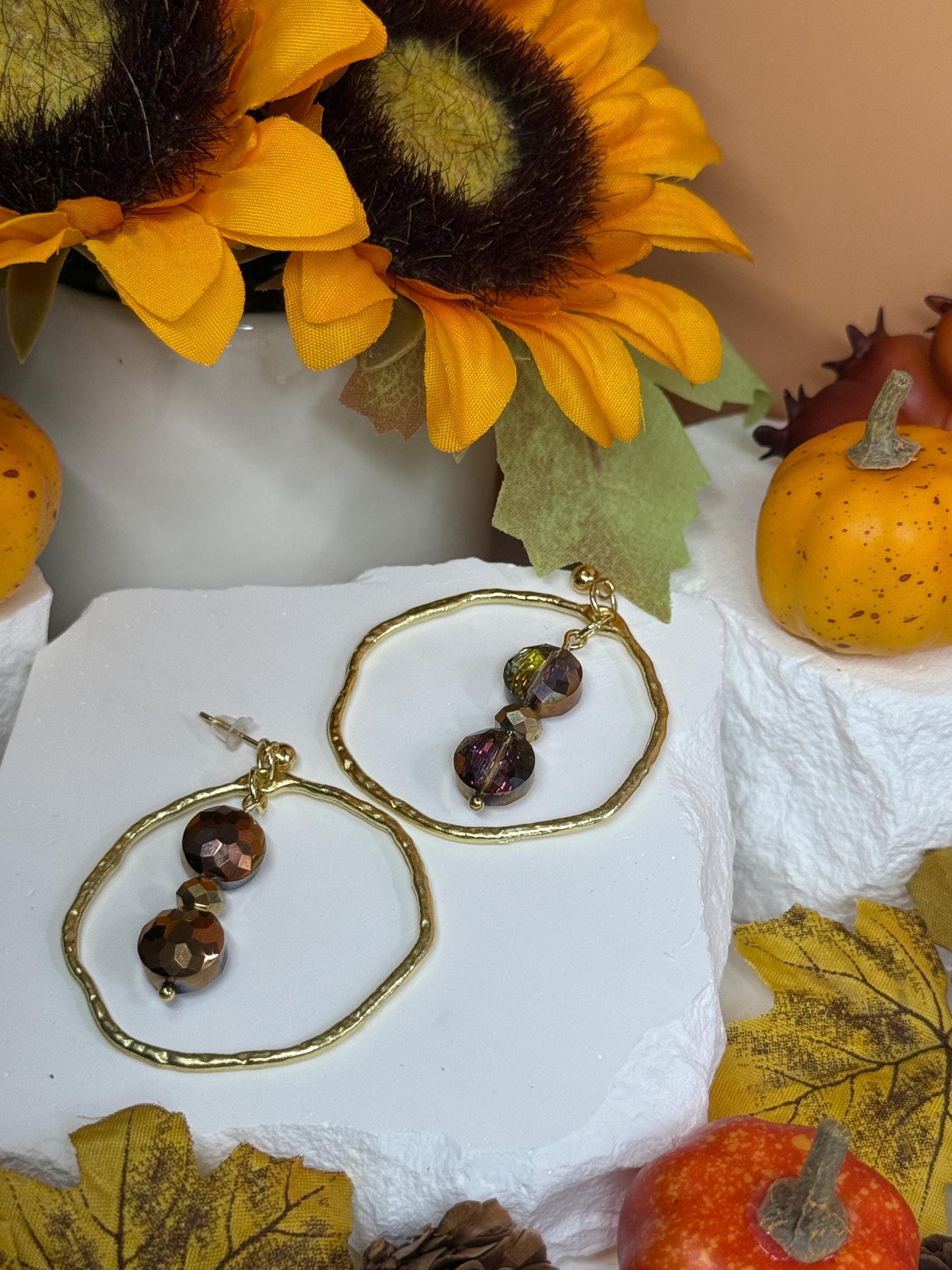 Hammered Gold Hoop Dangle Earrings: Autumn Glass Bead Statement Jewelry