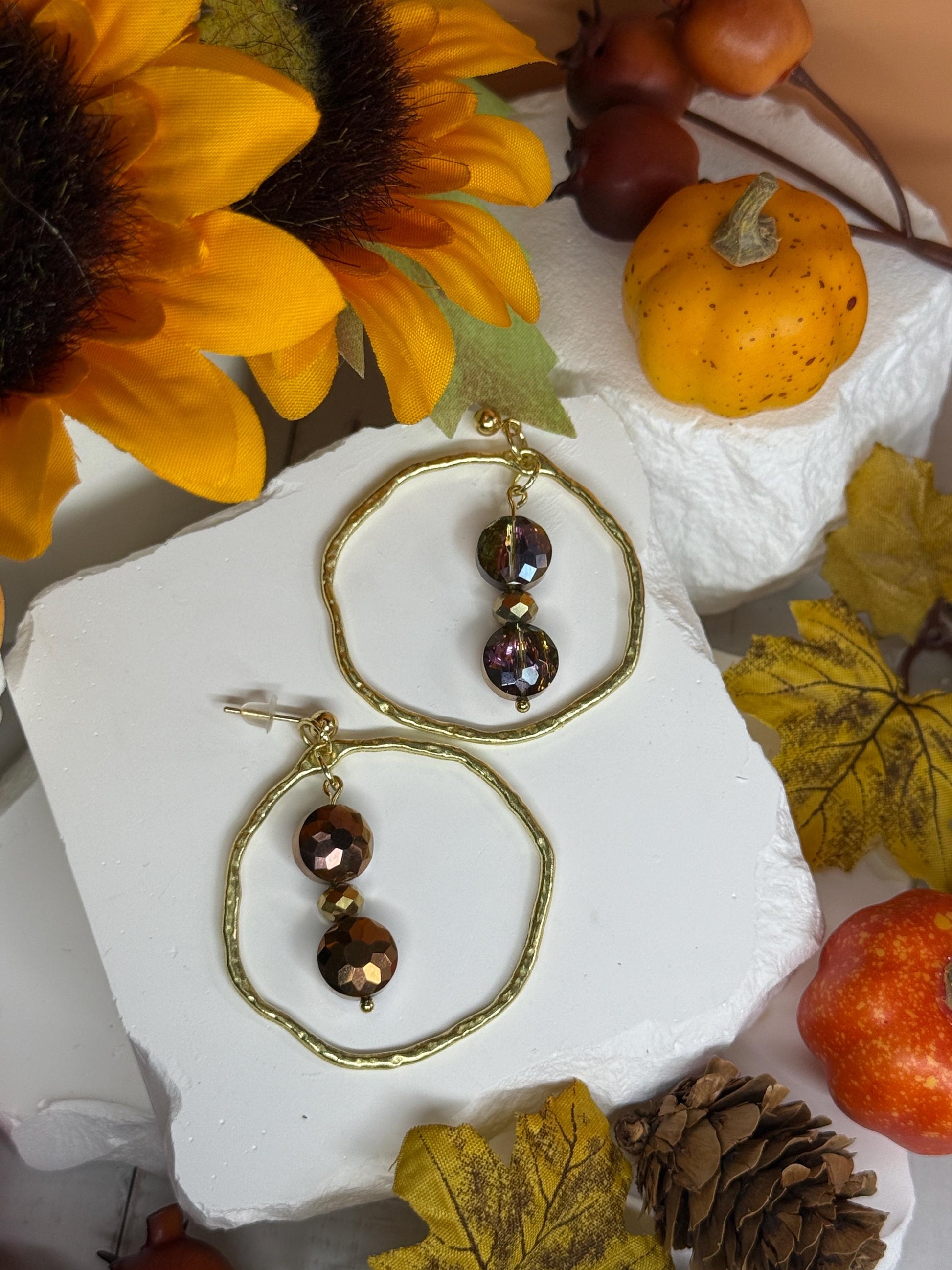 Hammered Gold Hoop Dangle Earrings: Autumn Glass Bead Statement Jewelry
