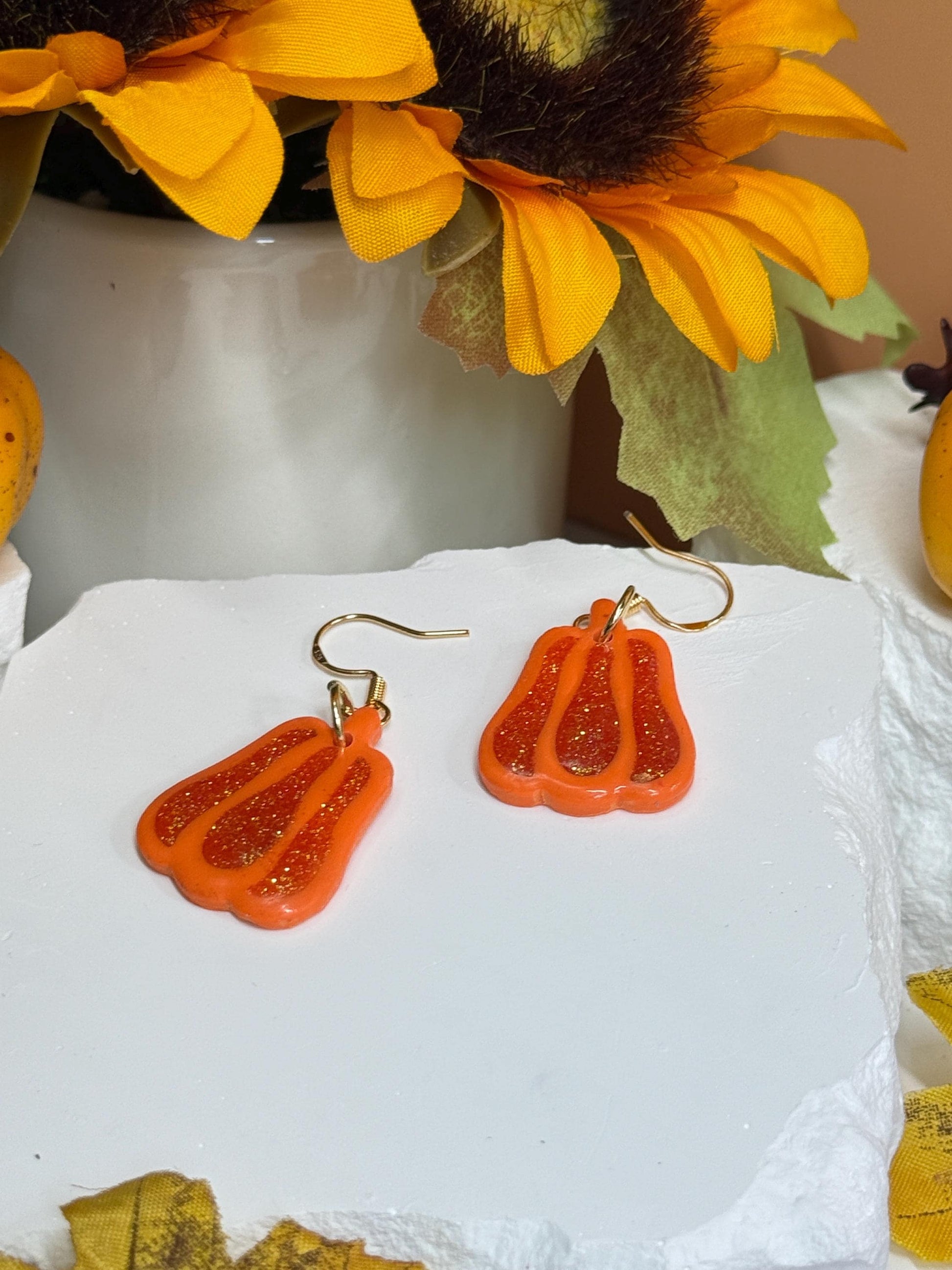 Glitter Pumpkin Earrings: Handmade Polymer Clay Dangles, Gold-Tone