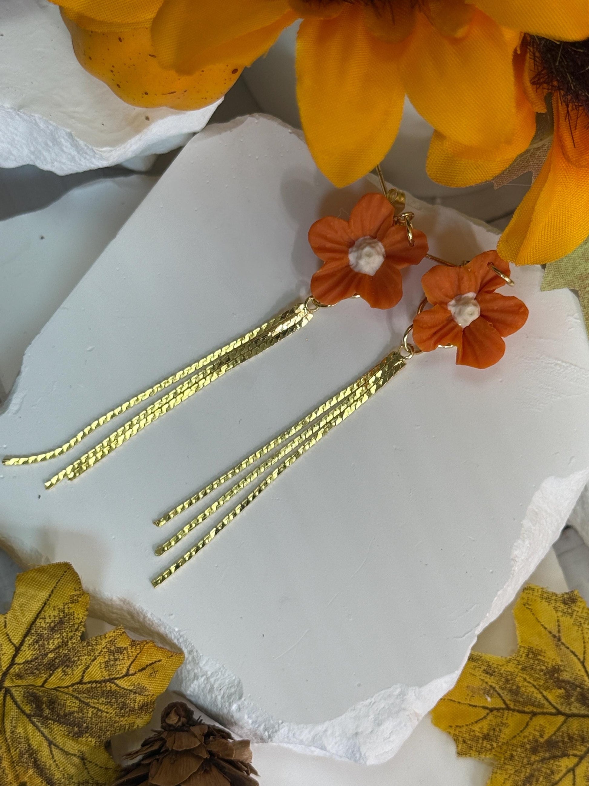 Flower Earrings, Clay Earrings – Orange Floral Dangles with Gold Bars | Asymmetrical Fall Jewelry Gif