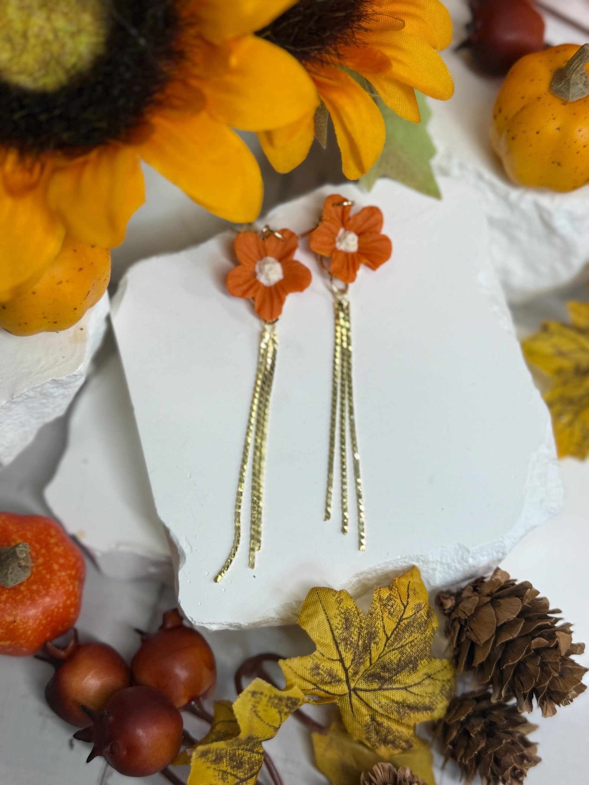 Flower Earrings, Clay Earrings – Orange Floral Dangles with Gold Bars | Asymmetrical Fall Jewelry Gif
