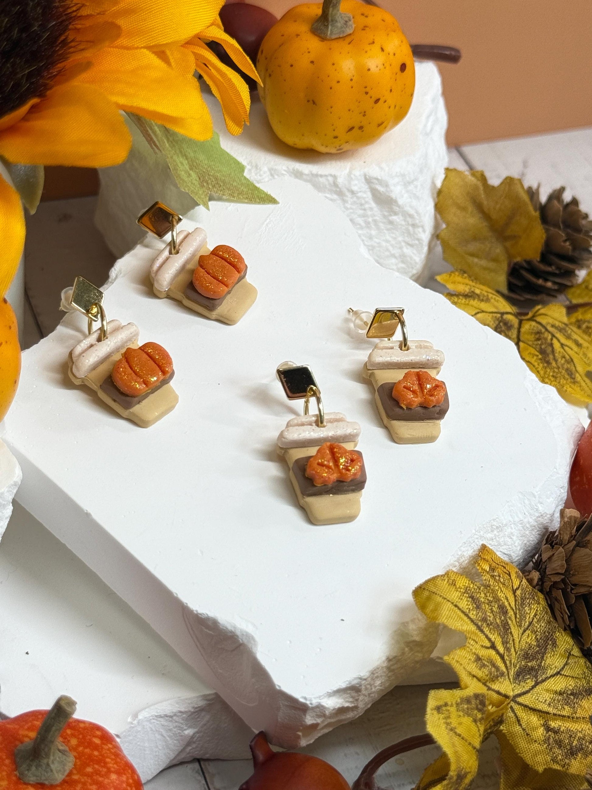 Pumpkin Spice Latte Earrings – Polymer Clay Coffee Dangles, Fall Glitter, Mismatched