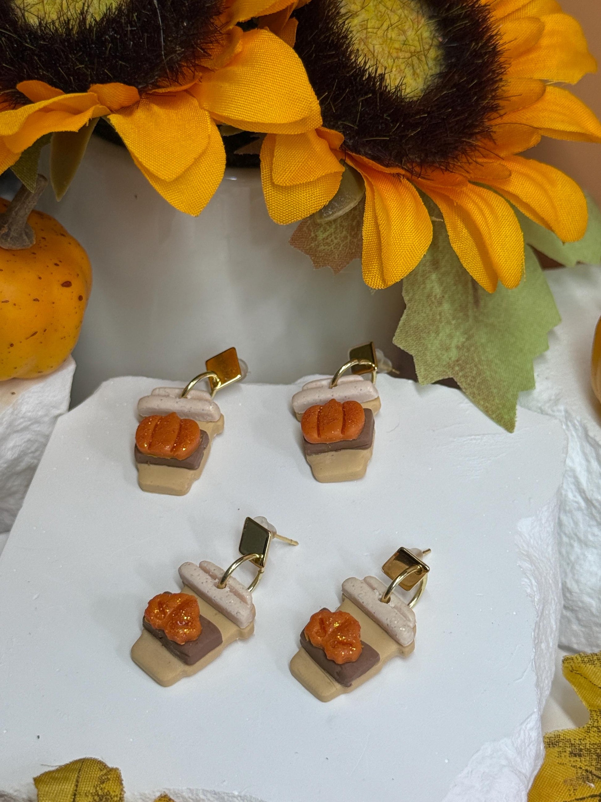 Pumpkin Spice Latte Earrings – Polymer Clay Coffee Dangles, Fall Glitter, Mismatched