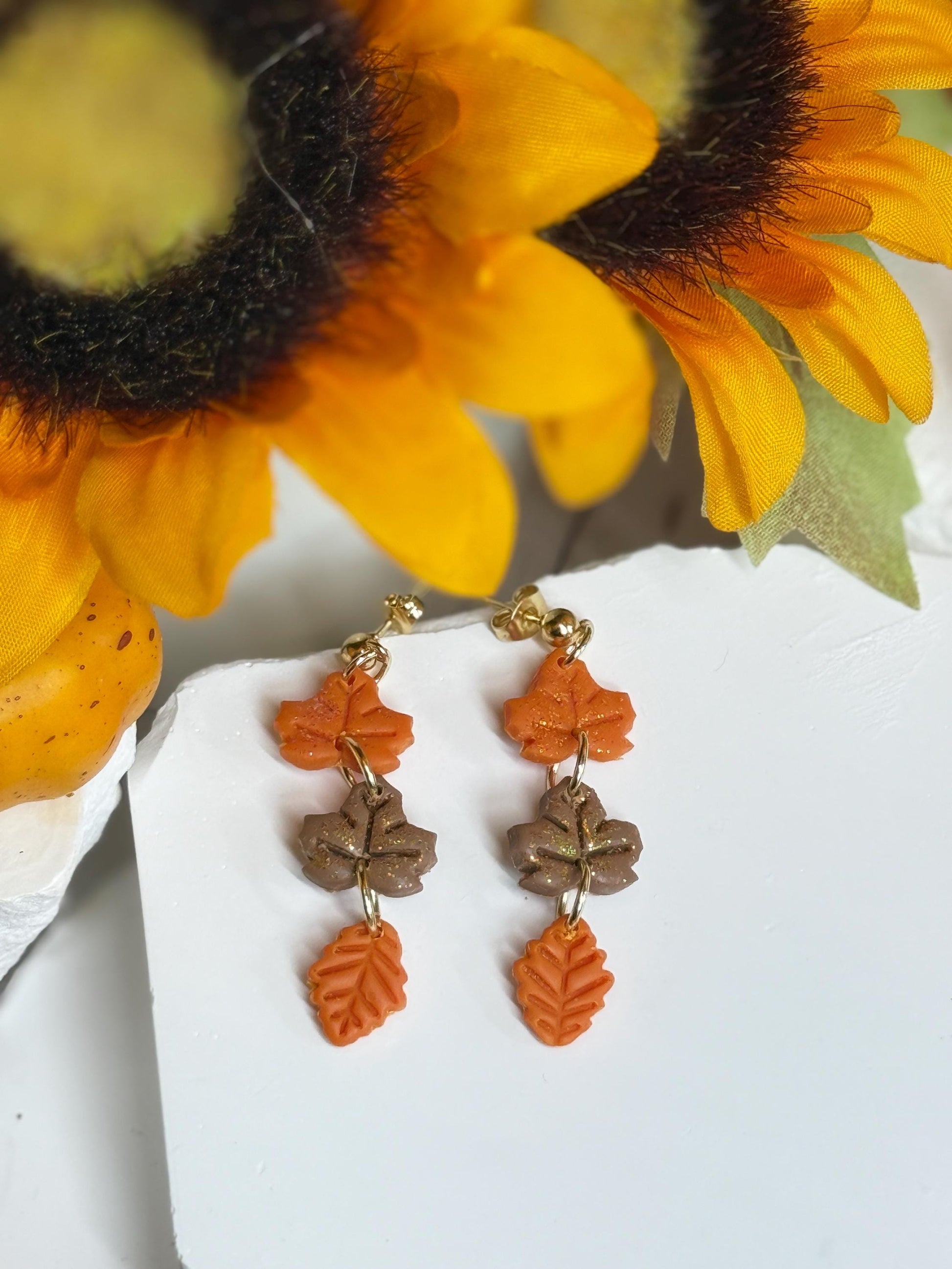 Polymer Clay Fall Leaf Earrings: Glittering Maple & Oak, Gold Posts