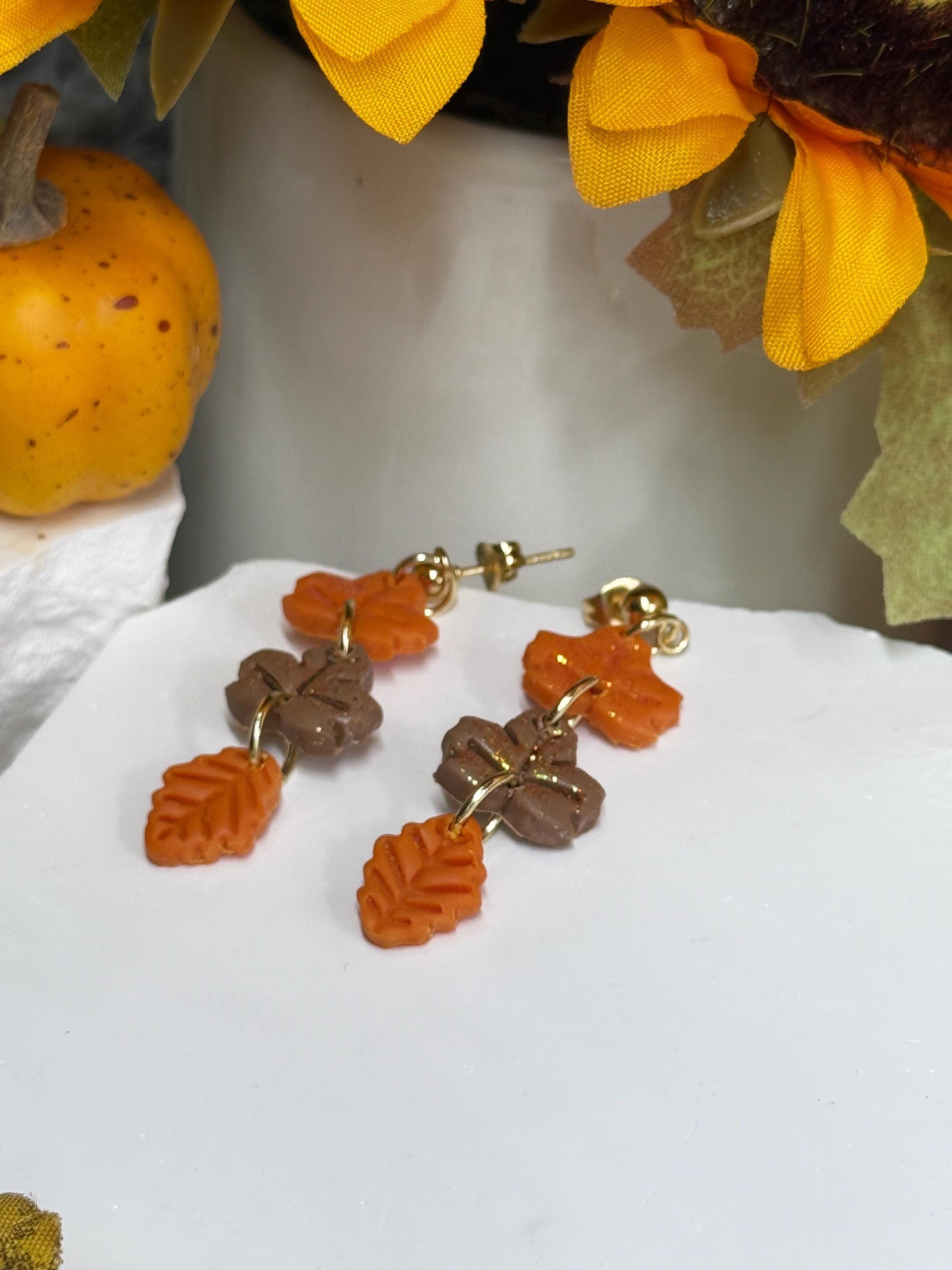 Polymer Clay Fall Leaf Earrings: Glittering Maple & Oak, Gold Posts