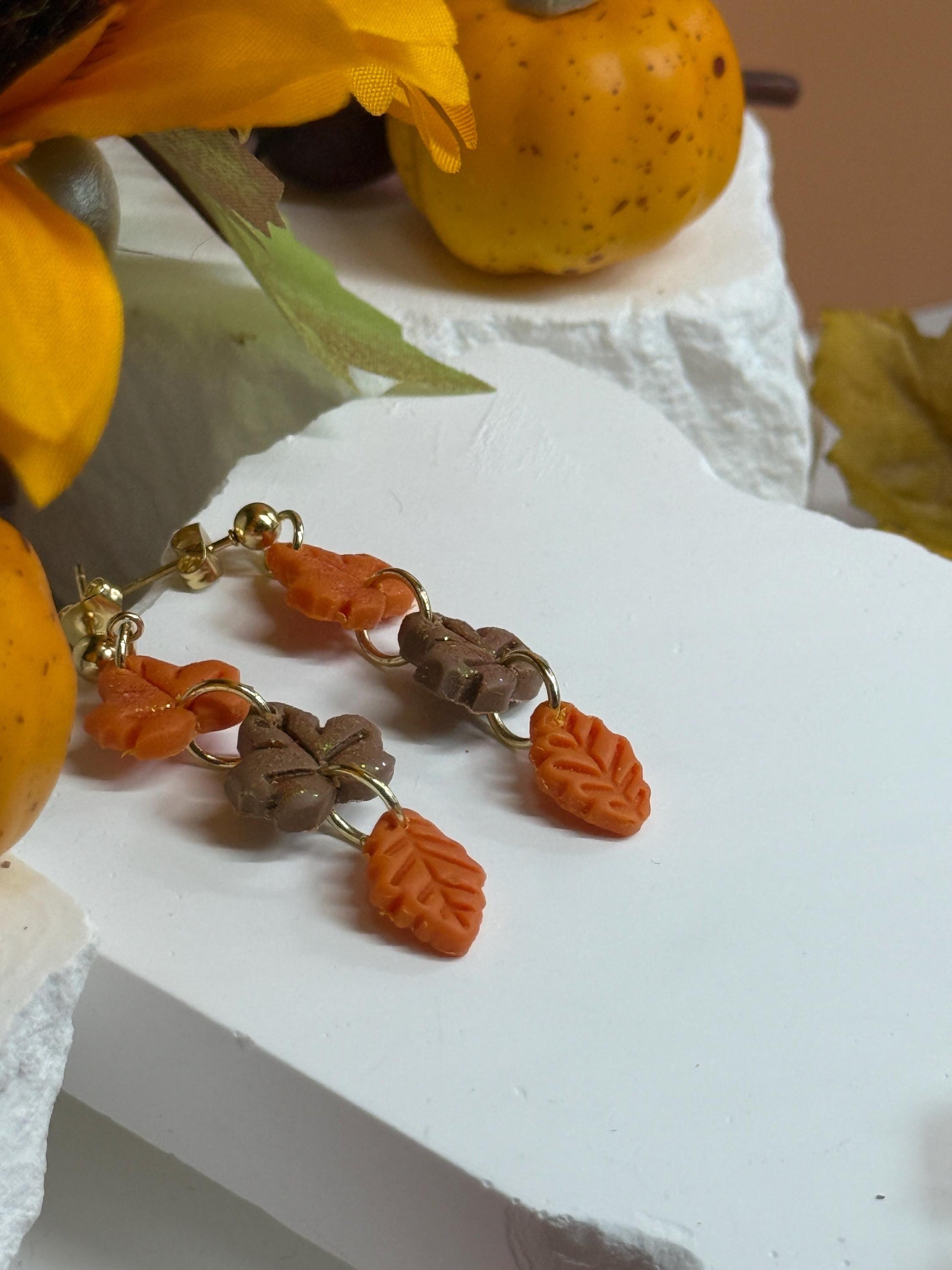 Polymer Clay Fall Leaf Earrings: Glittering Maple & Oak, Gold Posts