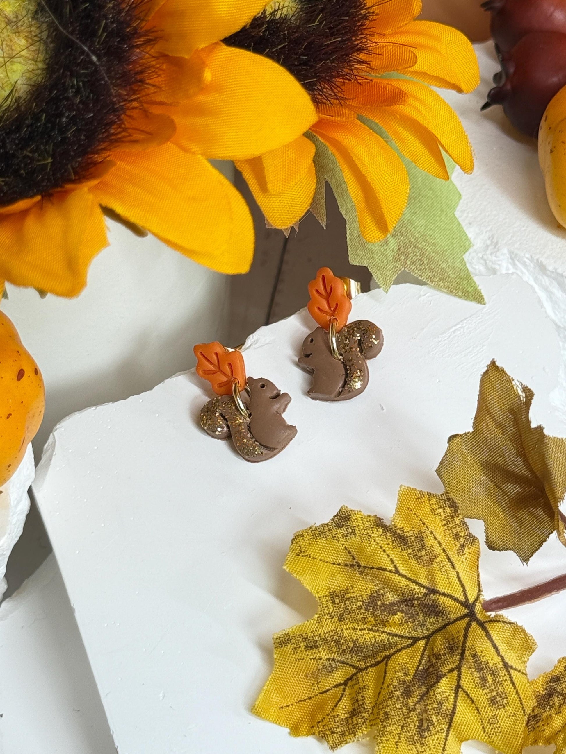 Woodland Squirrel Earrings: Glitter Tail, Leaf Studs, Polymer Clay