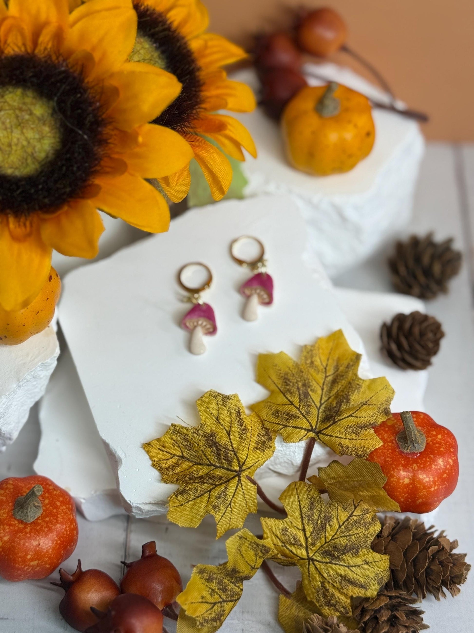 Mushroom Earrings, Whimsical Earrings – Pink Toadstool Polymer Clay Dangles on Gold Hoops