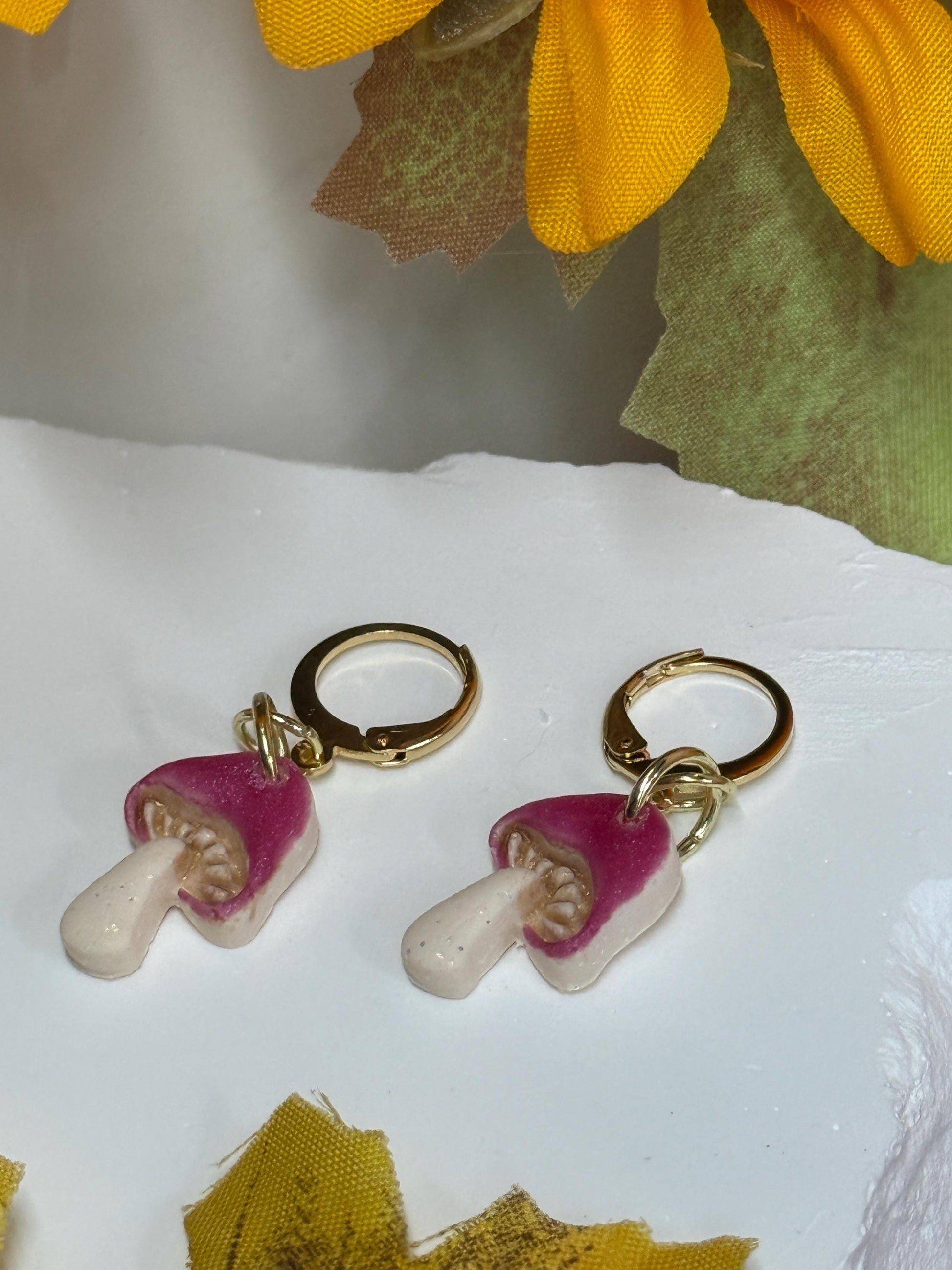 Mushroom Earrings, Whimsical Earrings – Pink Toadstool Polymer Clay Dangles on Gold Hoops