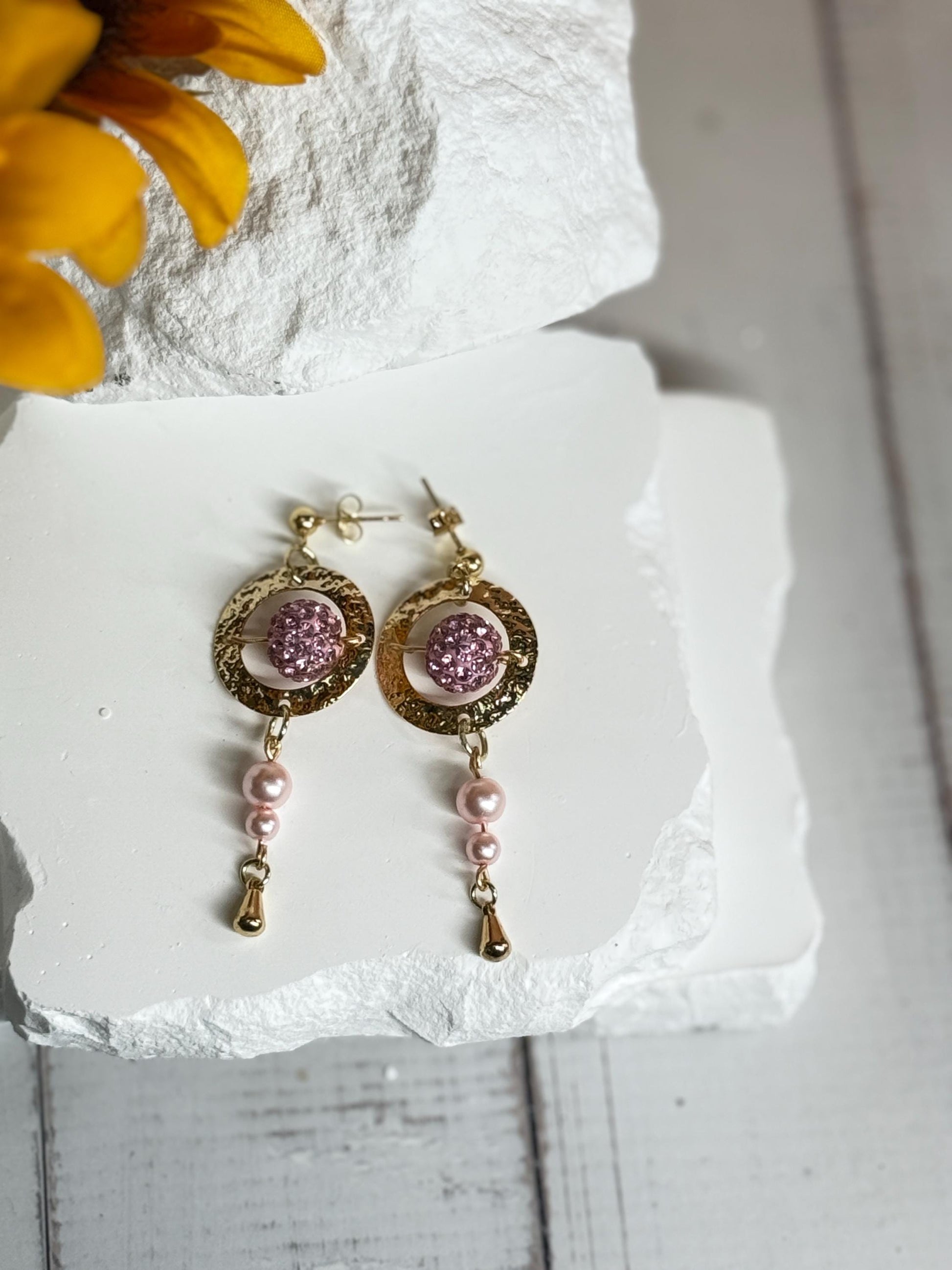 Gold & Pink Bead Drop Earrings – Hammered Hoop Dangles, Feminine Gift