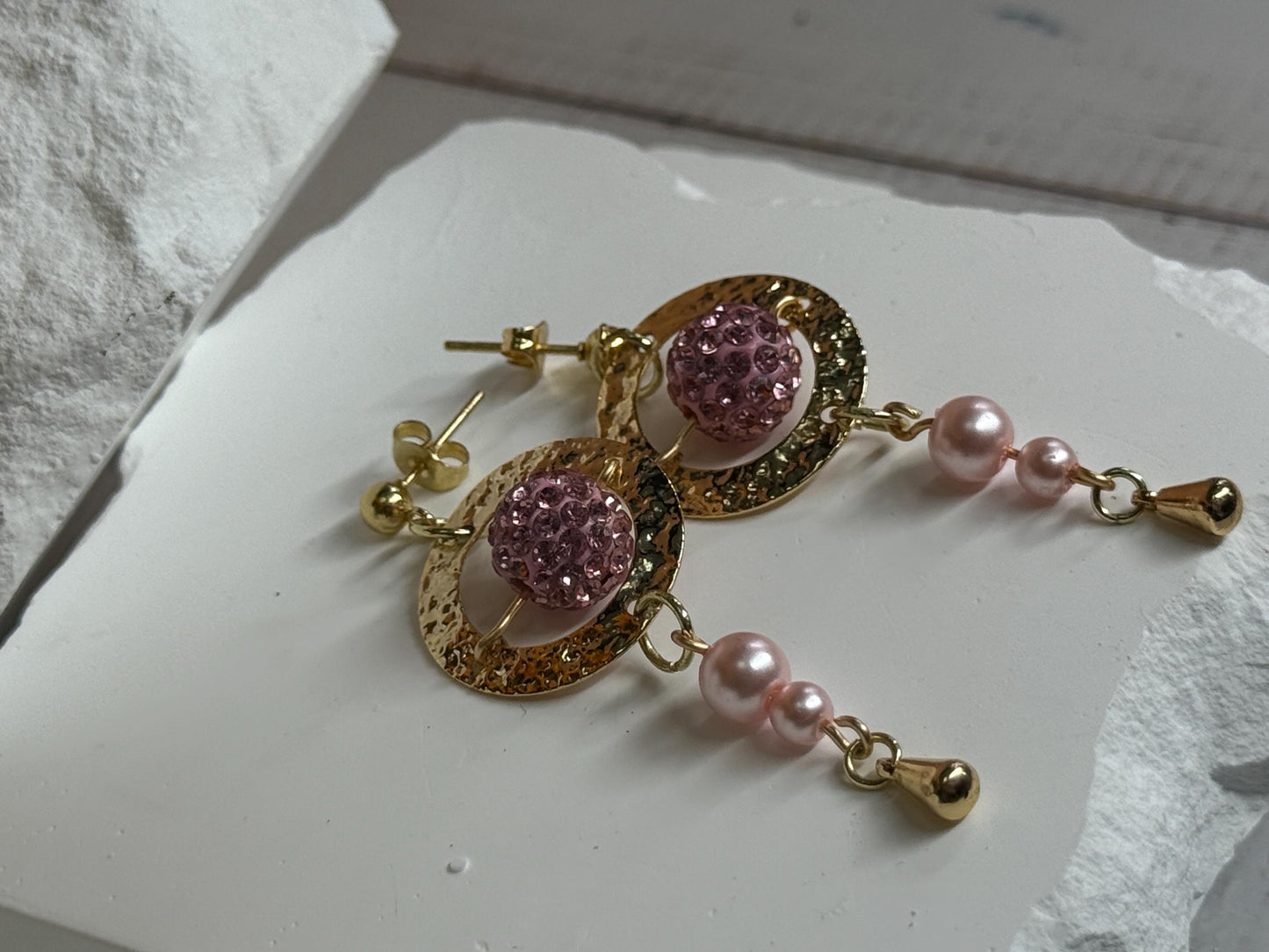 Gold & Pink Bead Drop Earrings – Hammered Hoop Dangles, Feminine Gift