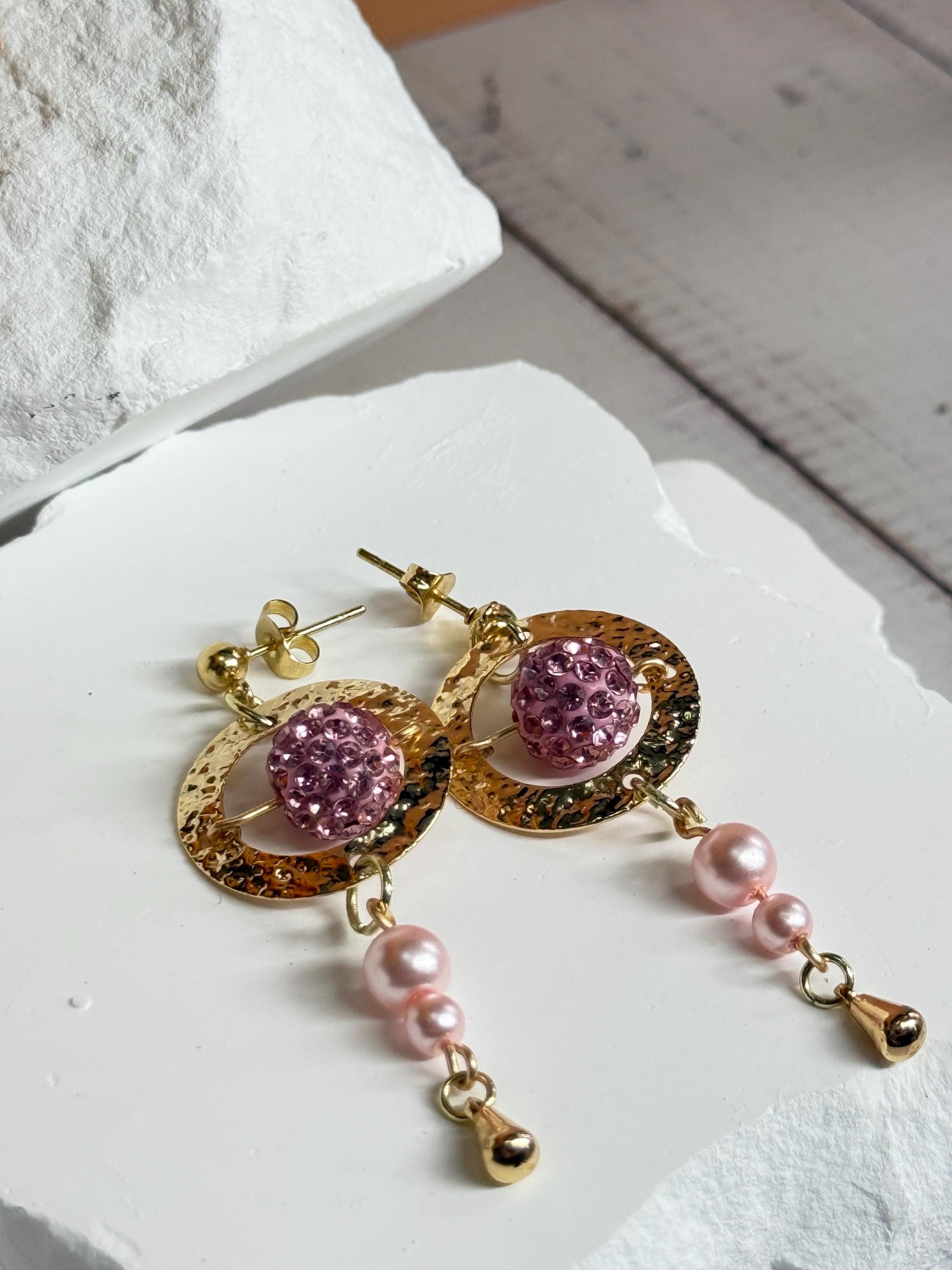 Gold & Pink Bead Drop Earrings – Hammered Hoop Dangles, Feminine Gift