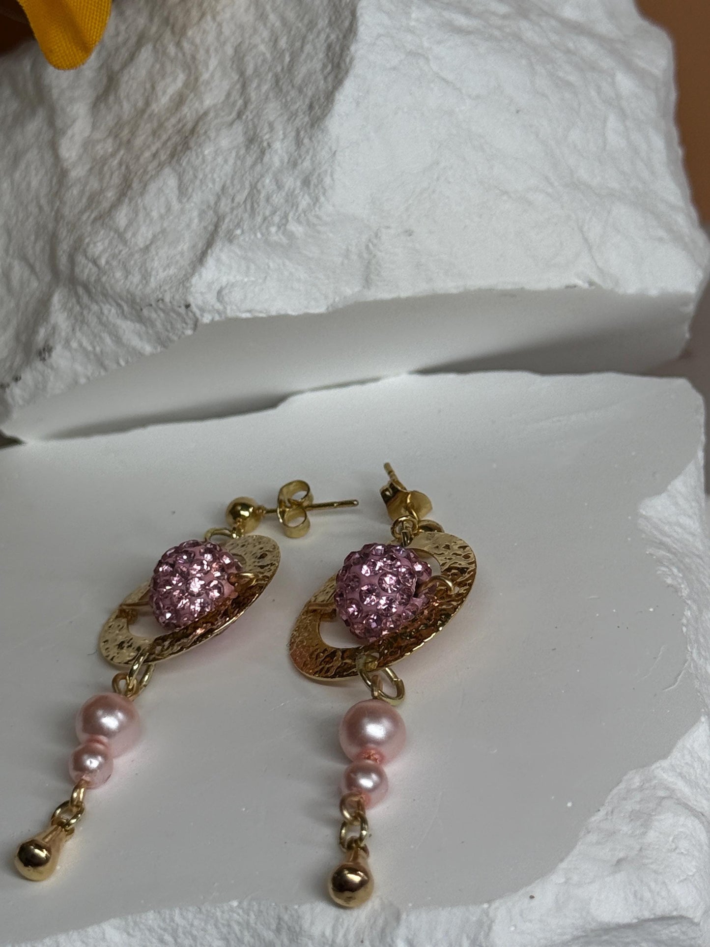 Gold & Pink Bead Drop Earrings – Hammered Hoop Dangles, Feminine Gift