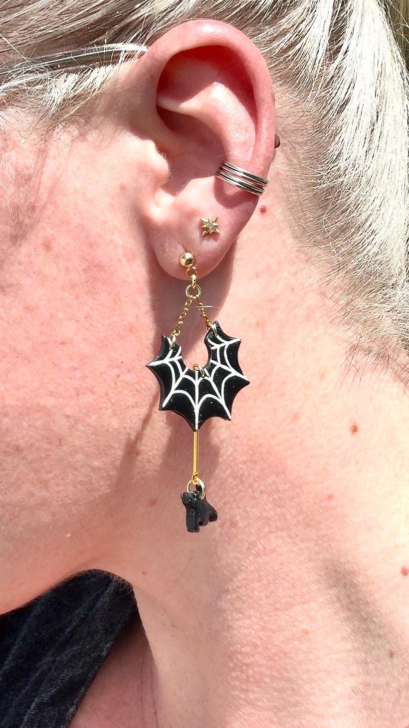 Spiderweb Ghost Dangle Earrings: Black & Gold Polymer Clay, Gold-Plated