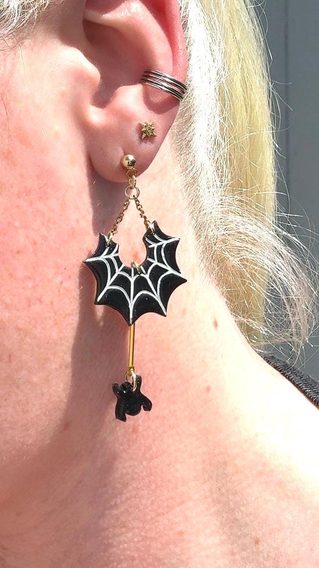 Spiderweb Ghost Dangle Earrings: Black & Gold Polymer Clay, Gold-Plated
