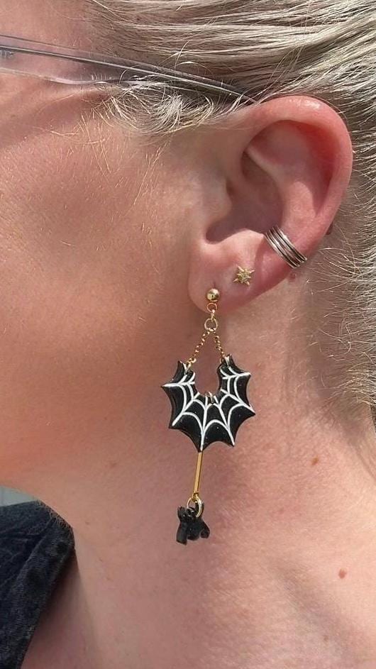 Spiderweb Ghost Dangle Earrings: Black & Gold Polymer Clay, Gold-Plated