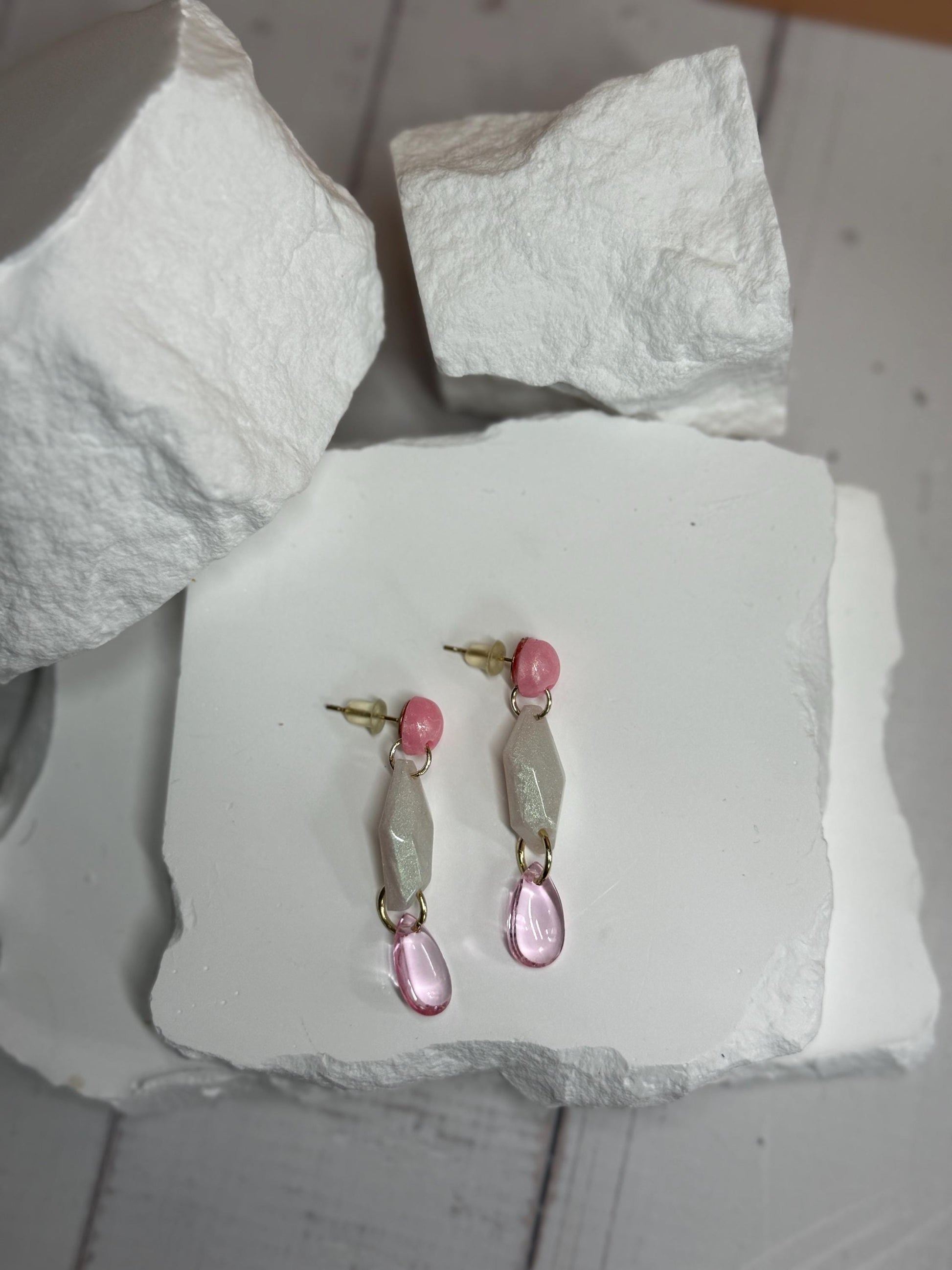 Pink Resin Dangle Earrings: Geometric Teardrop Statement Jewelry
