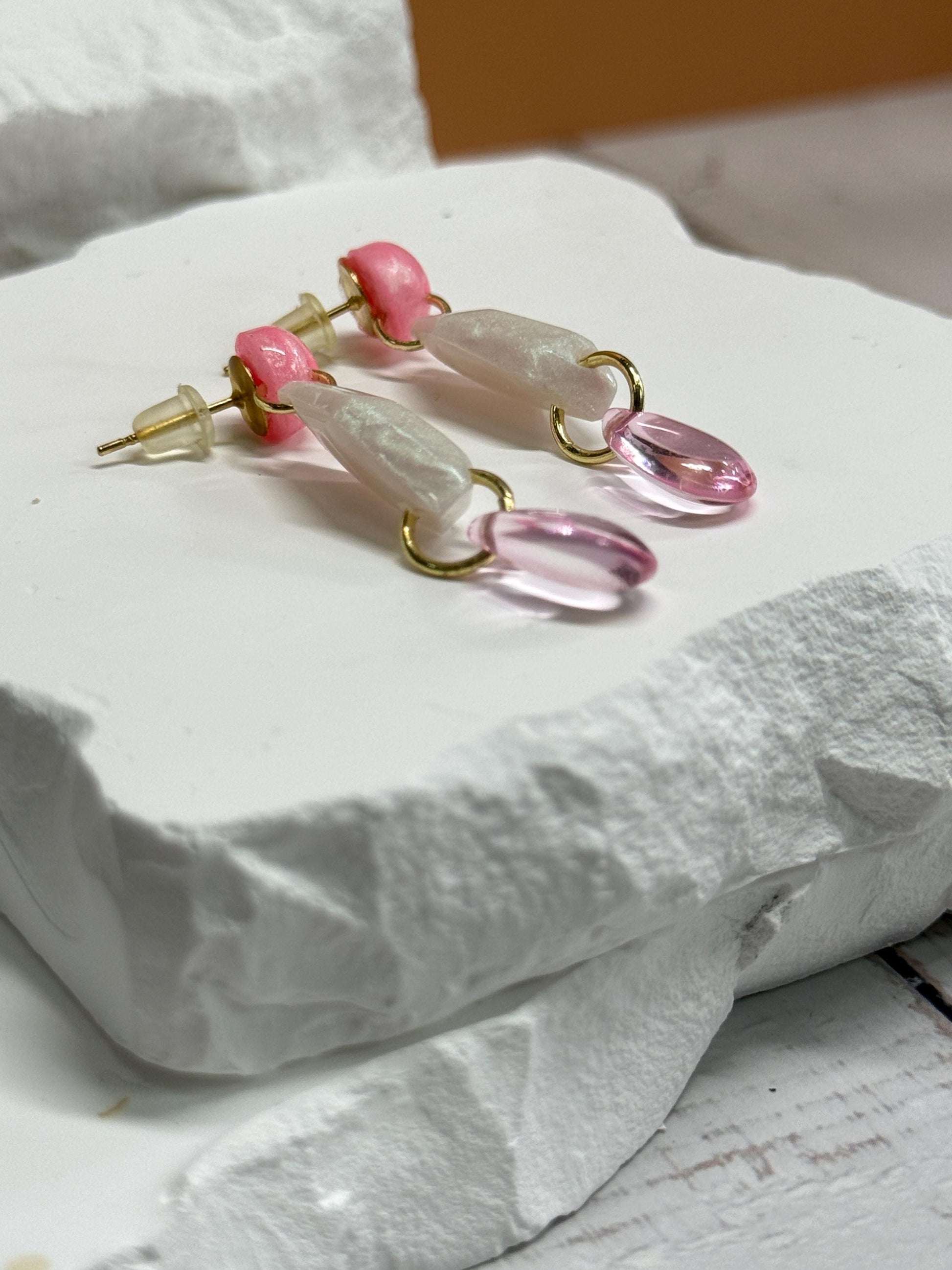 Pink Resin Dangle Earrings: Geometric Teardrop Statement Jewelry