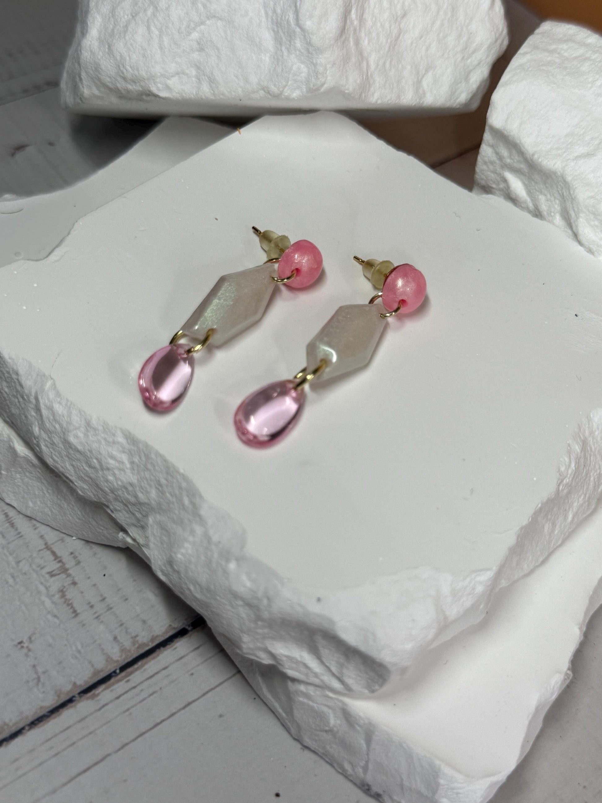 Pink Resin Dangle Earrings: Geometric Teardrop Statement Jewelry