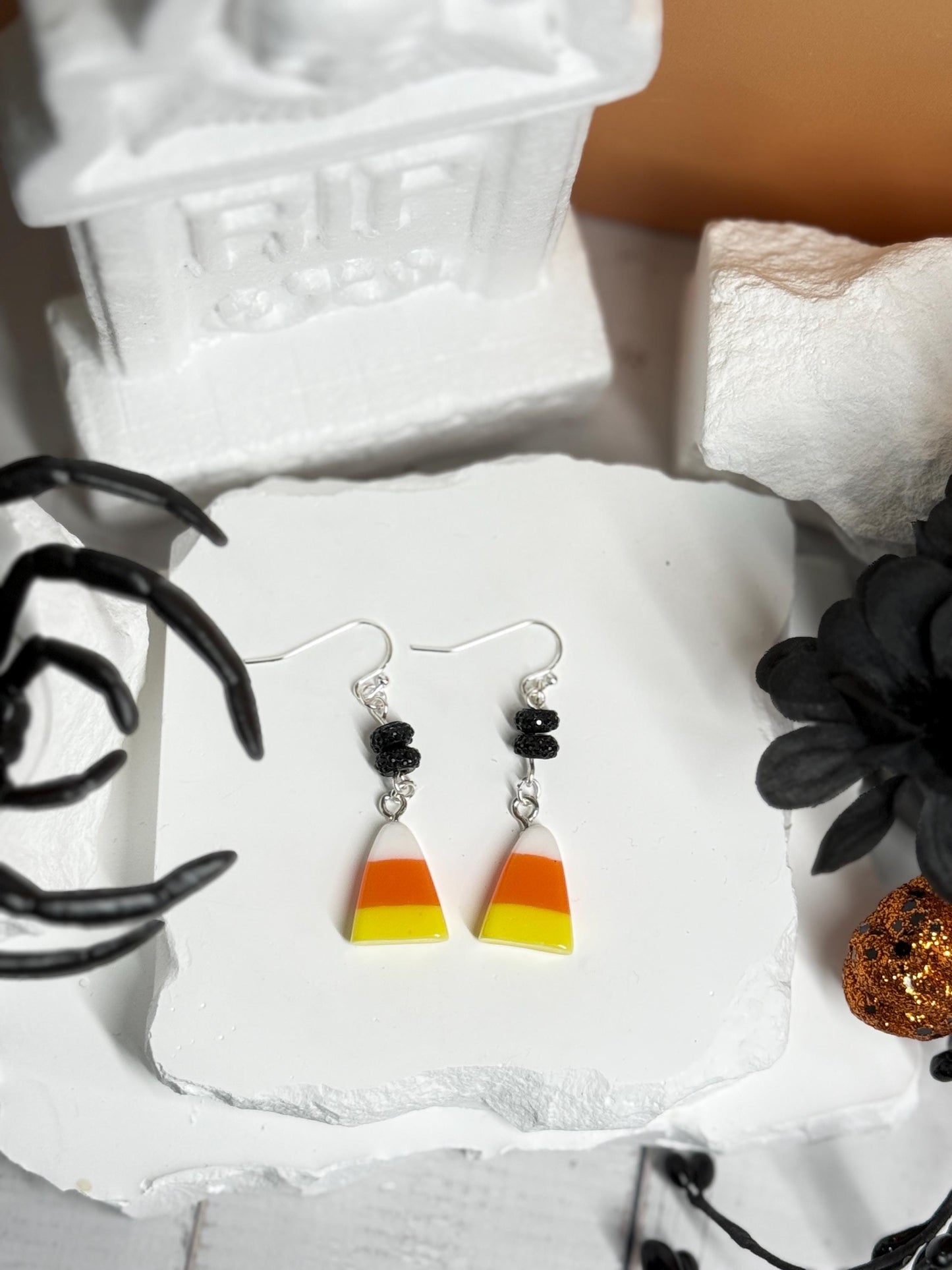 Candy Corn Dangle Earrings: Sterling Silver, Spooky Fall Jewelry