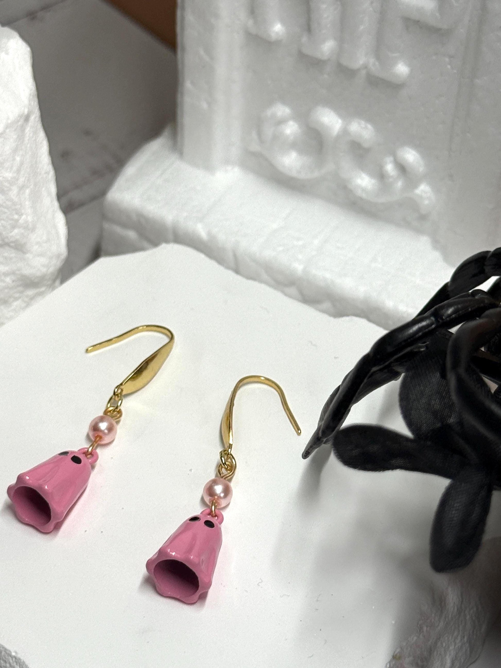 Pink Ghost Dangle Earrings with Gold & Pearl Accent | Spooky-Cute Halloween Jewelry