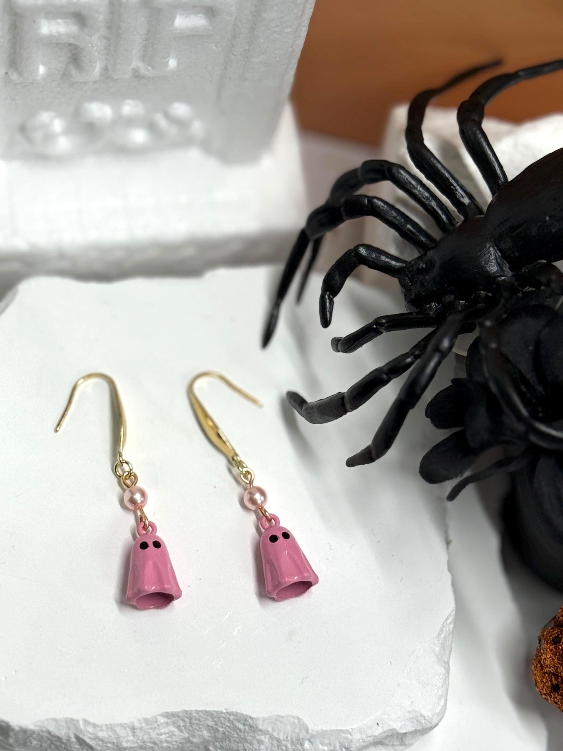 Pink Ghost Dangle Earrings with Gold & Pearl Accent | Spooky-Cute Halloween Jewelry