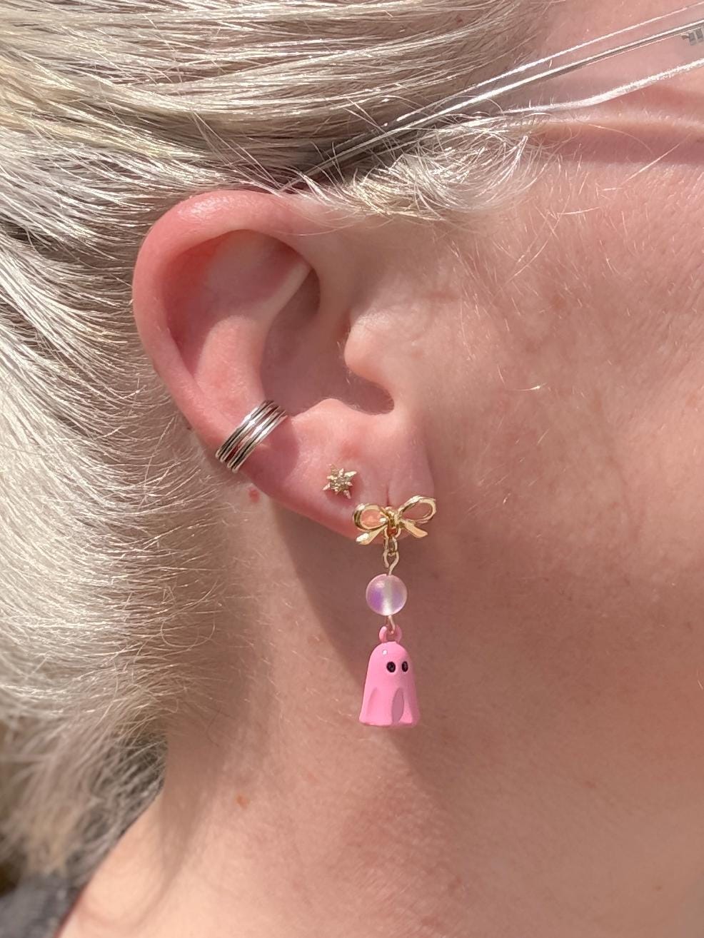 Pink Ghost Bow Earrings | Pastel Halloween Dangles