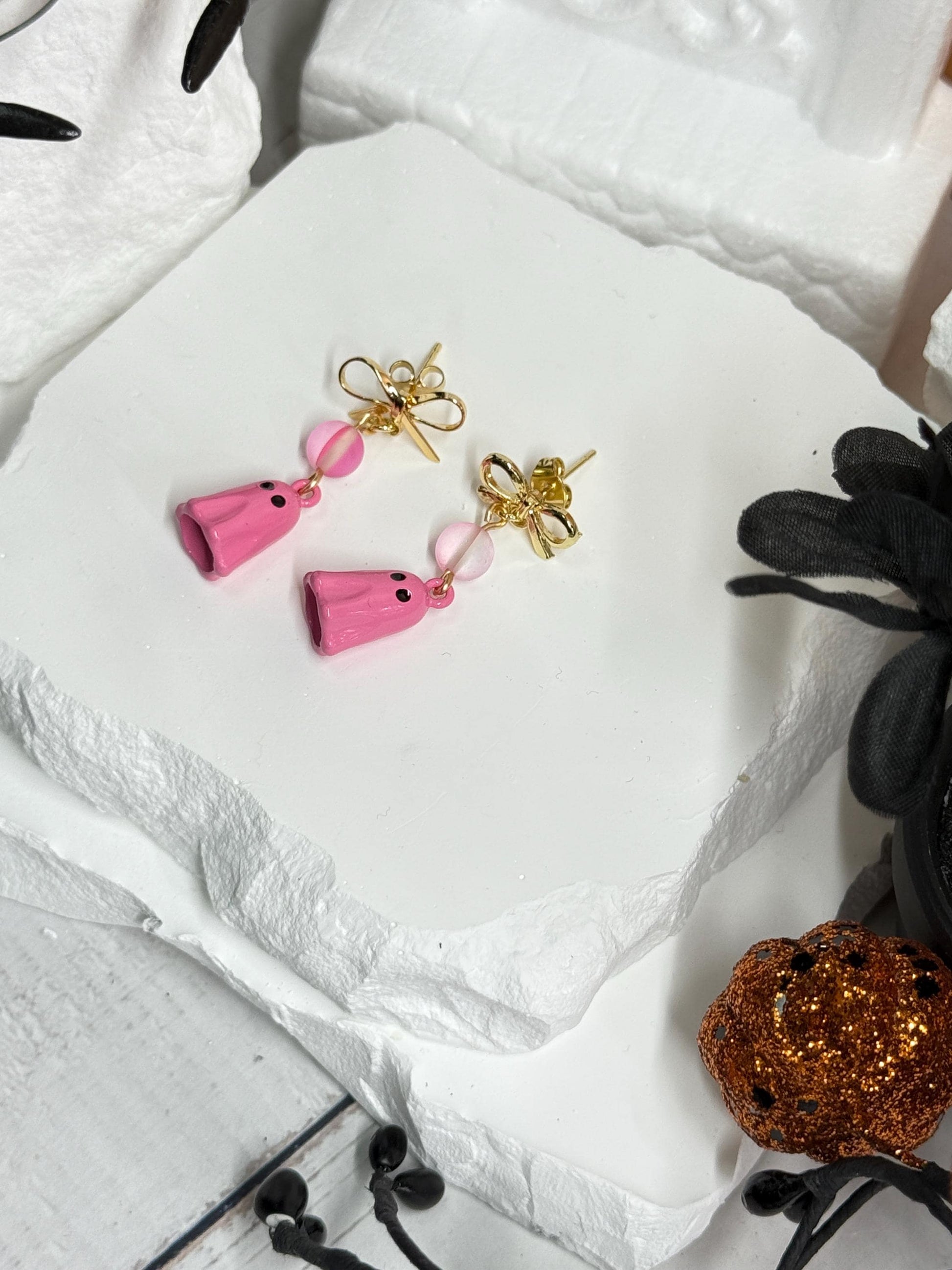 Pink Ghost Bow Earrings | Pastel Halloween Dangles