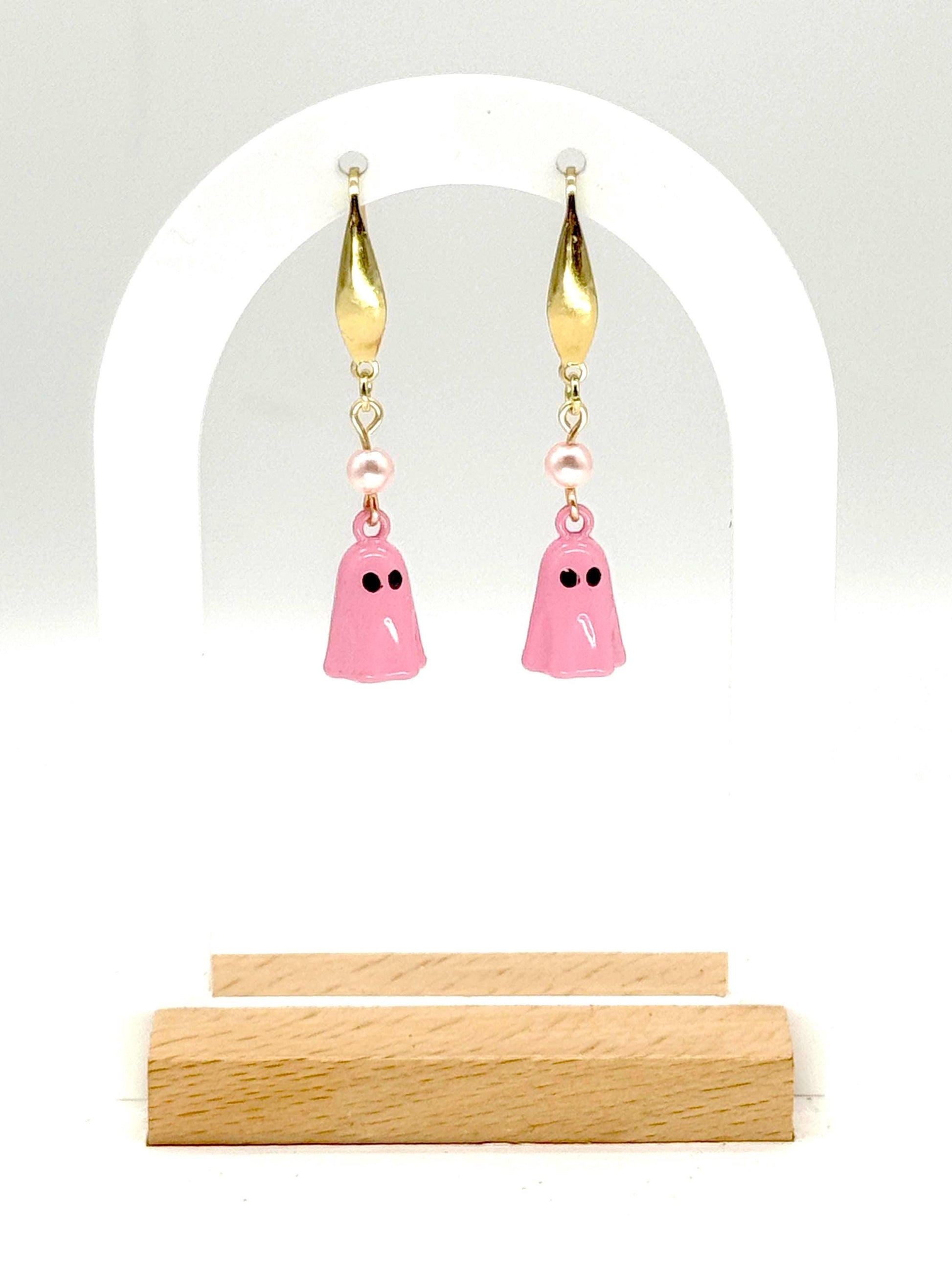 Pink Ghost Dangle Earrings with Gold & Pearl Accent | Spooky-Cute Halloween Jewelry
