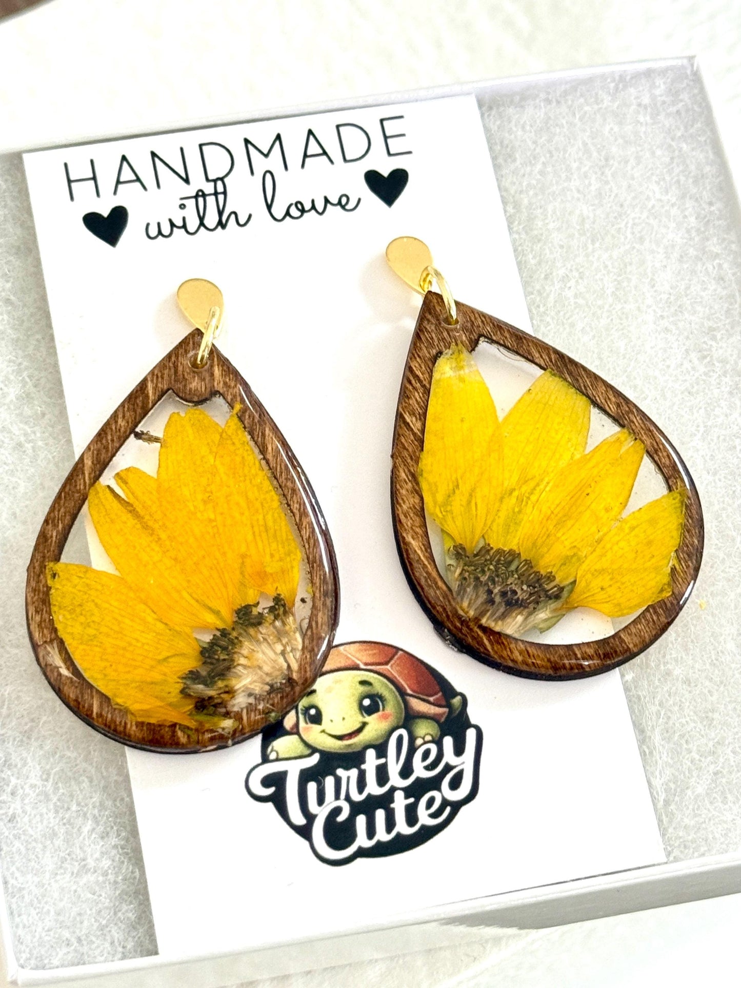 Pressed Sunflower Earrings: Resin & Walnut Wood, Gold Posts