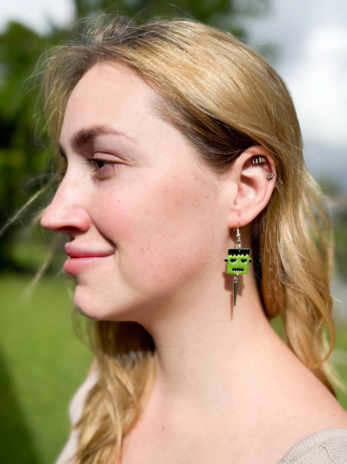 Frankenstein Earrings: Handmade Polymer Clay Monster Dangles with Silver Spikes