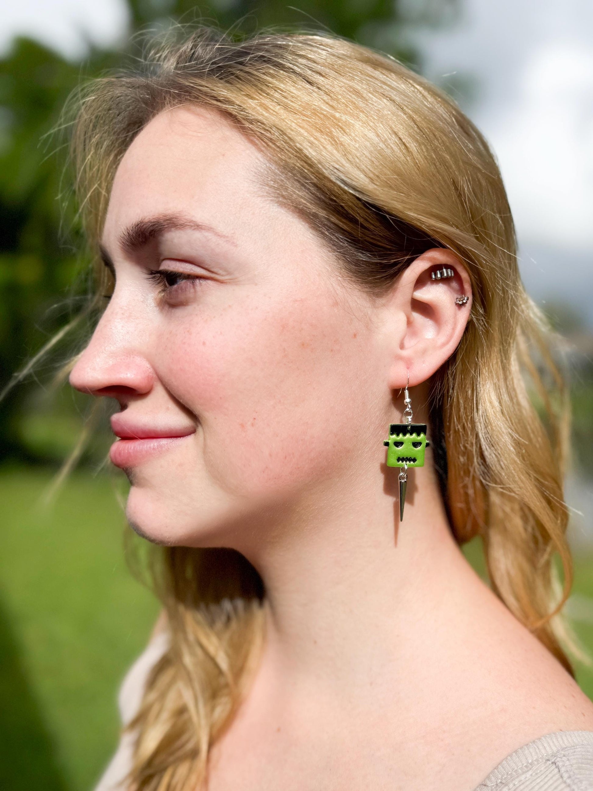 Frankenstein Earrings: Handmade Polymer Clay Monster Dangles with Silver Spikes