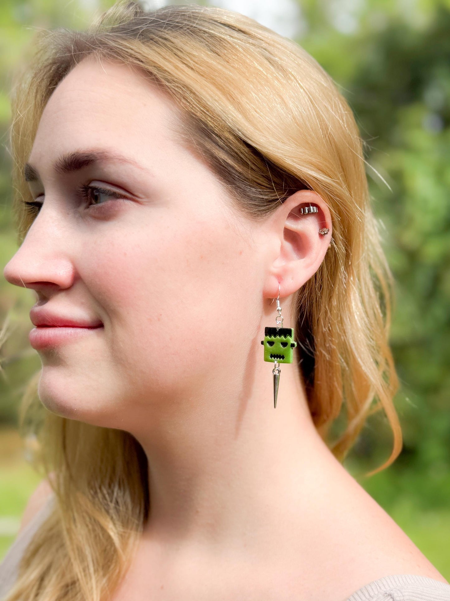 Frankenstein Earrings: Handmade Polymer Clay Monster Dangles with Silver Spikes