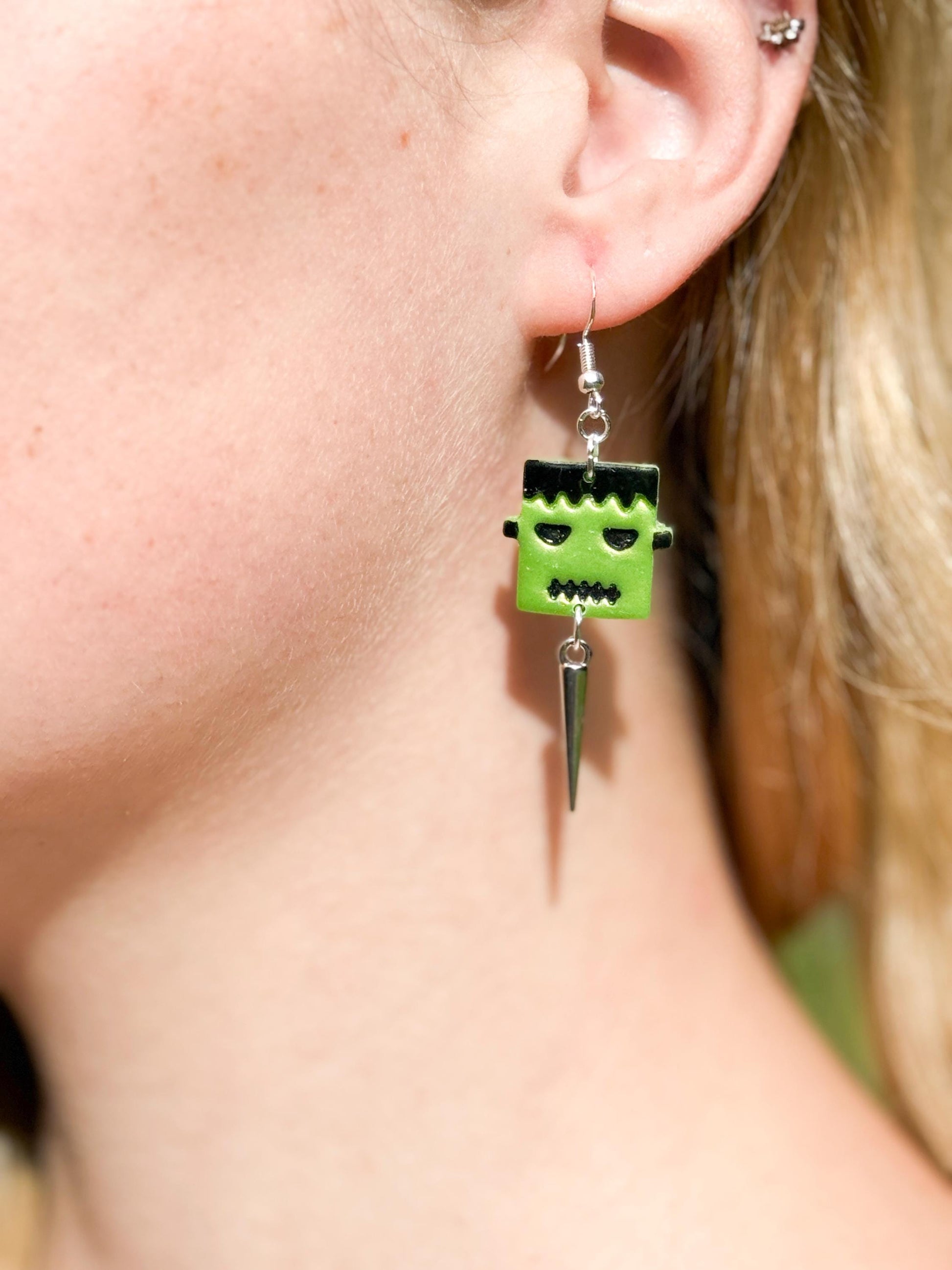 Frankenstein Earrings: Handmade Polymer Clay Monster Dangles with Silver Spikes