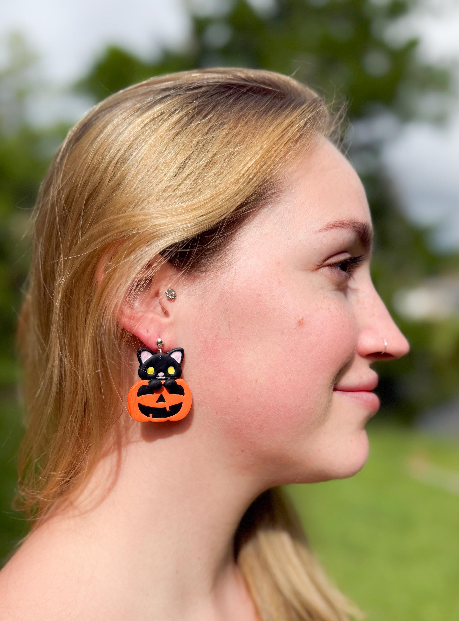 Black Cat Pumpkin Earrings: Kawaii Halloween Polymer Clay Dangles