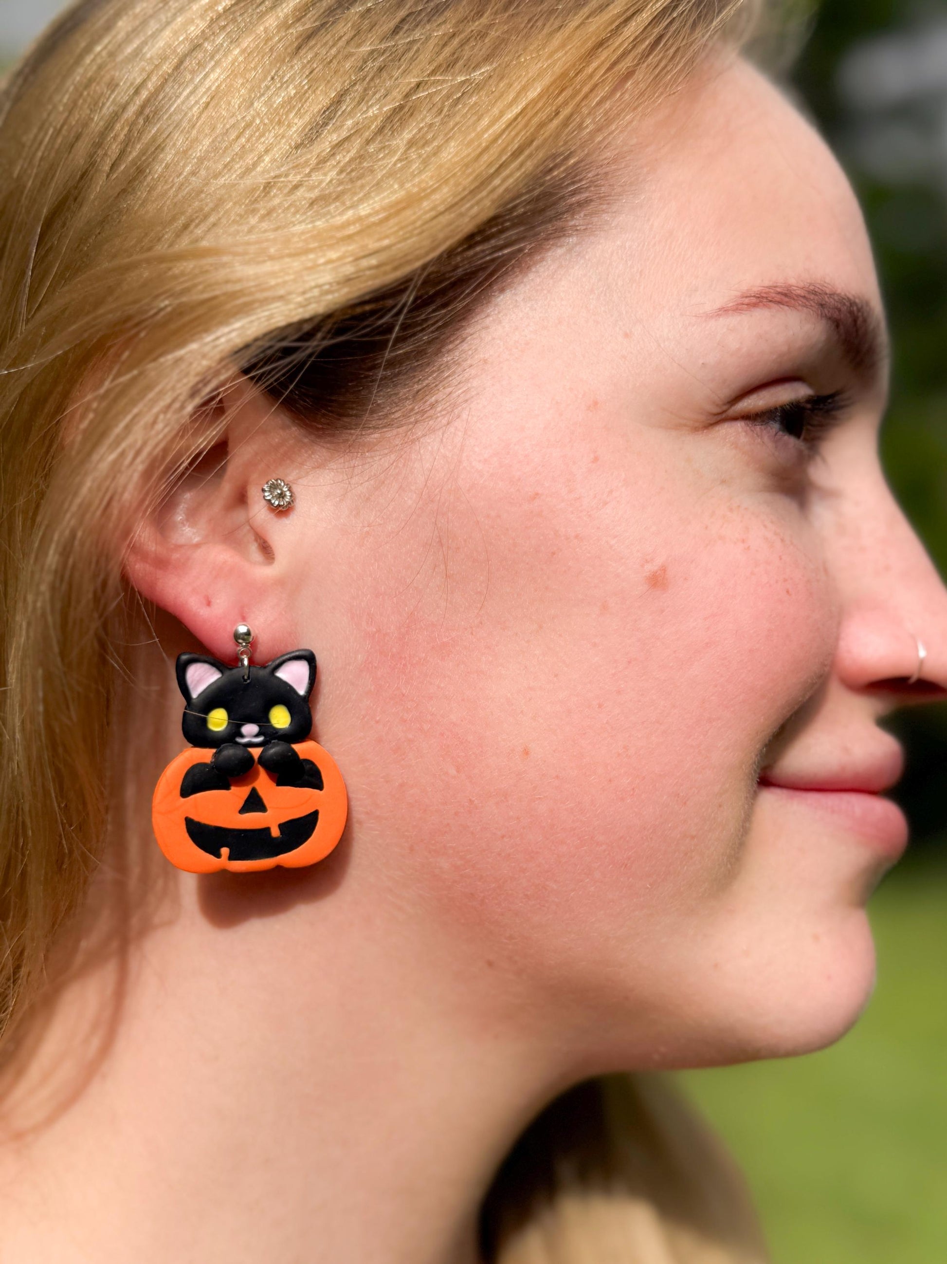 Black Cat Pumpkin Earrings: Kawaii Halloween Polymer Clay Dangles