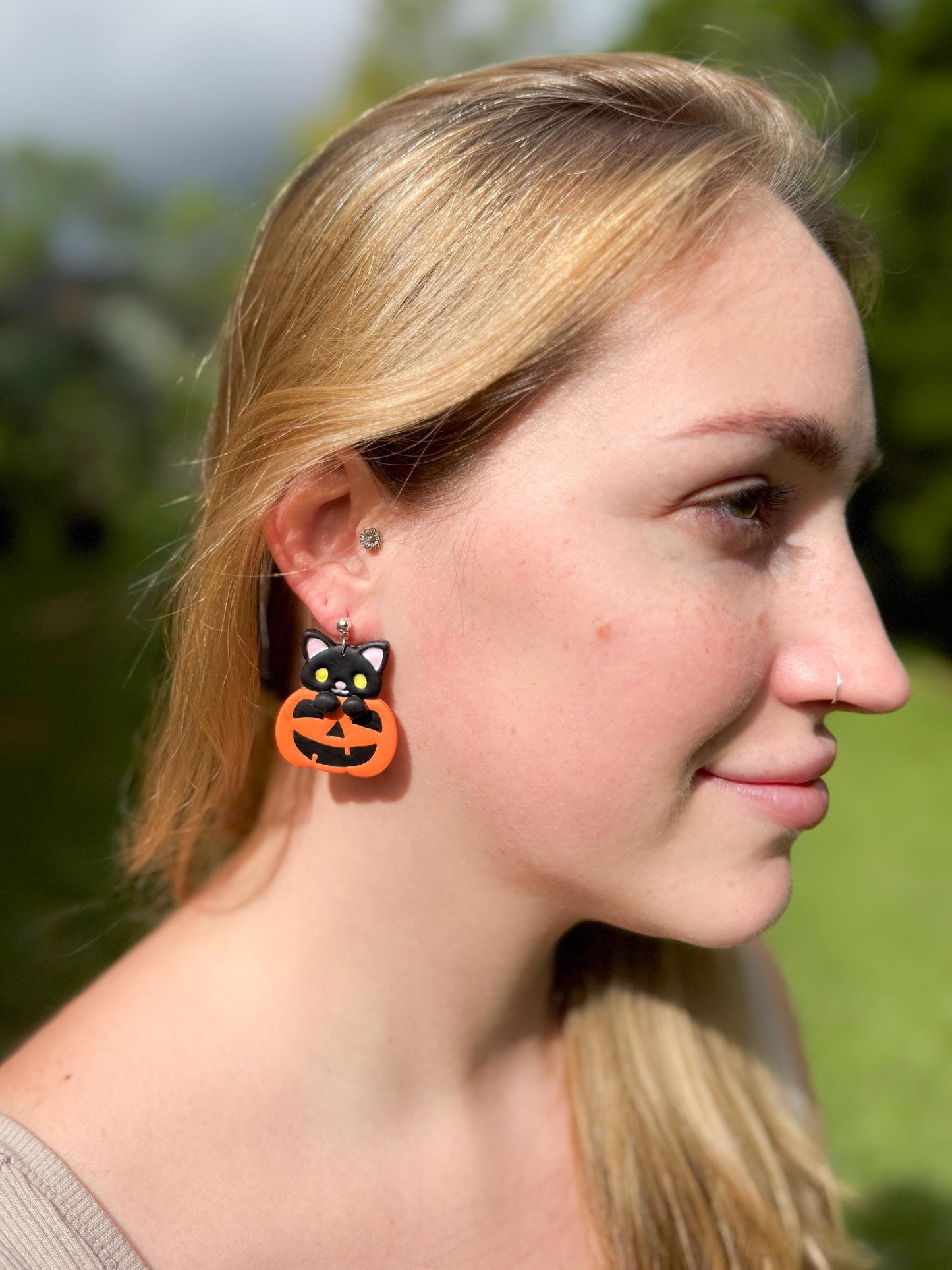 Black Cat Pumpkin Earrings: Kawaii Halloween Polymer Clay Dangles