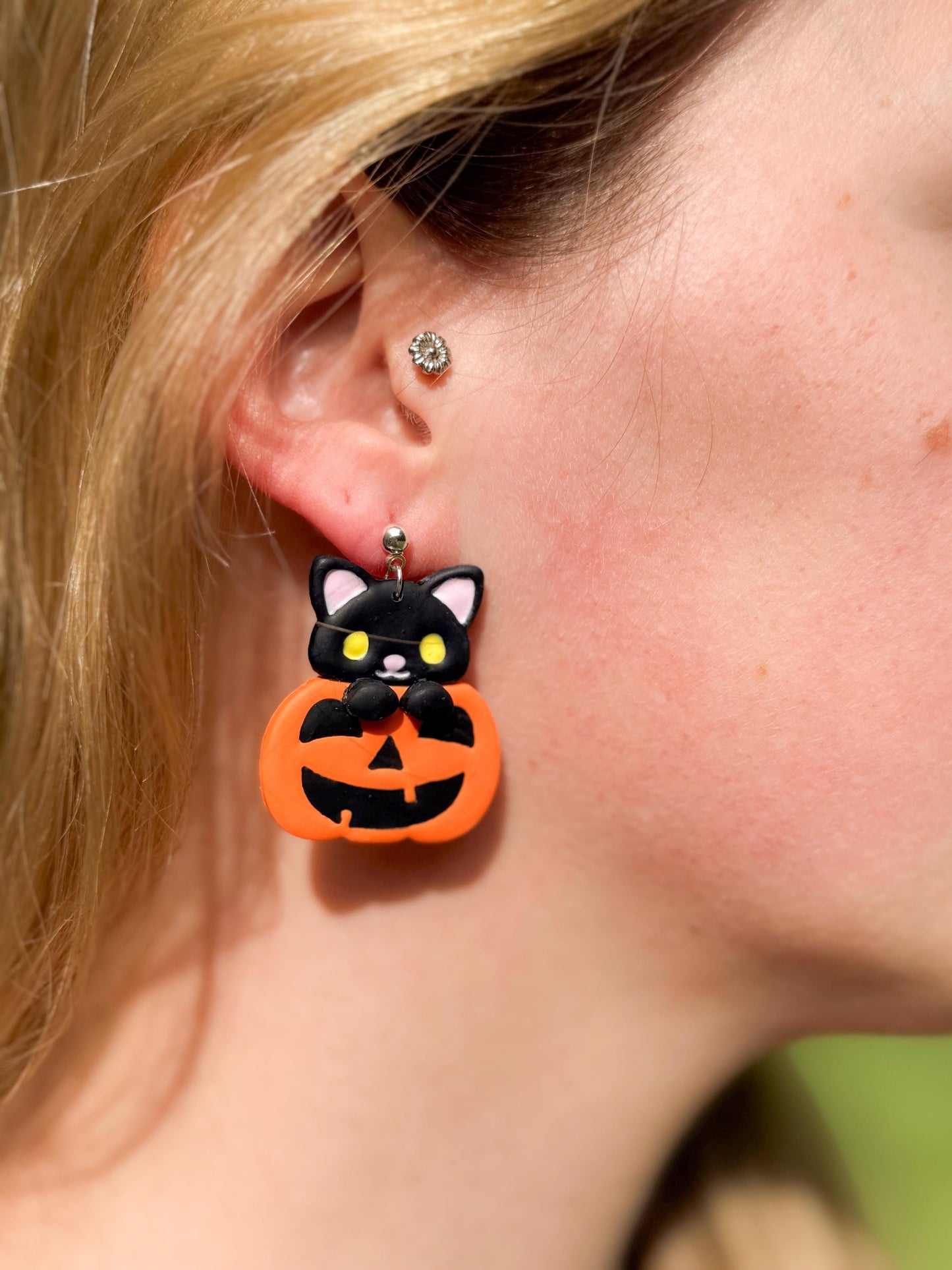 Black Cat Pumpkin Earrings: Kawaii Halloween Polymer Clay Dangles