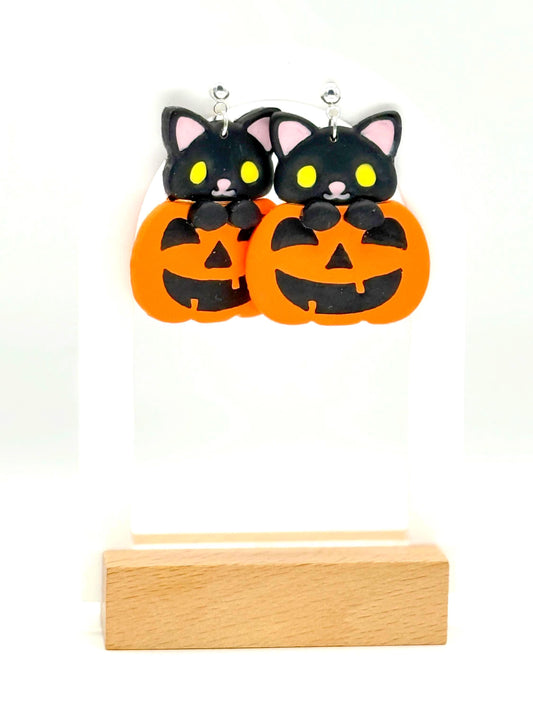 Black Cat Pumpkin Earrings: Kawaii Halloween Polymer Clay Dangles
