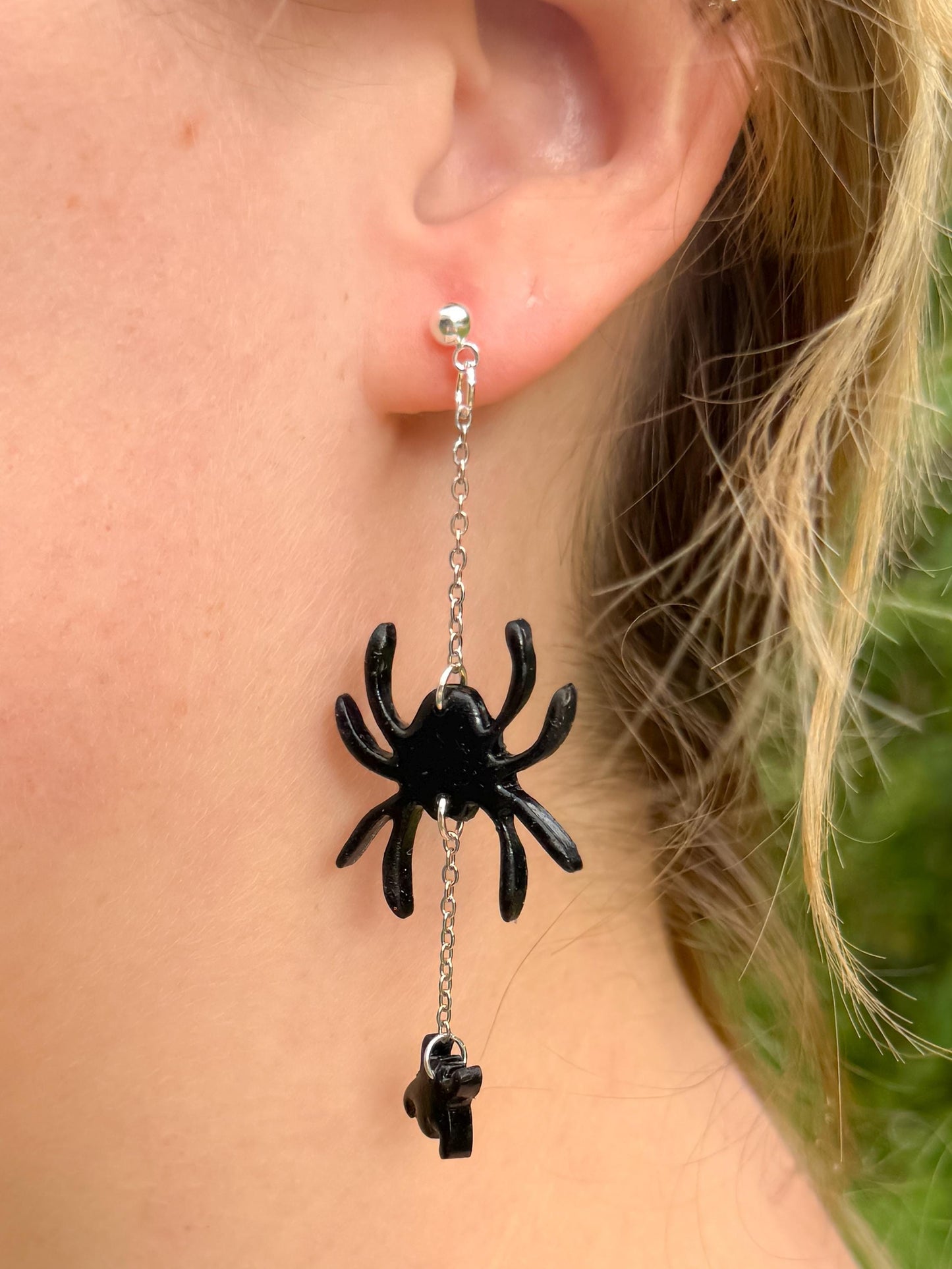 Sterling Silver Spider Dangle Earrings: Handmade Polymer Clay Halloween Jewelry