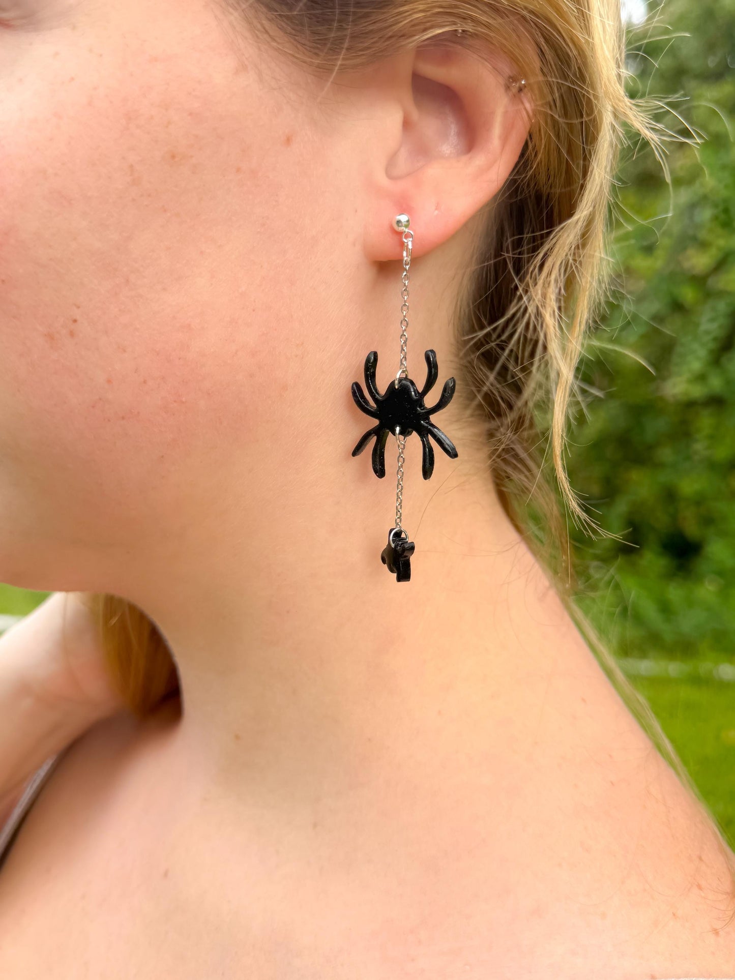 Sterling Silver Spider Dangle Earrings: Handmade Polymer Clay Halloween Jewelry