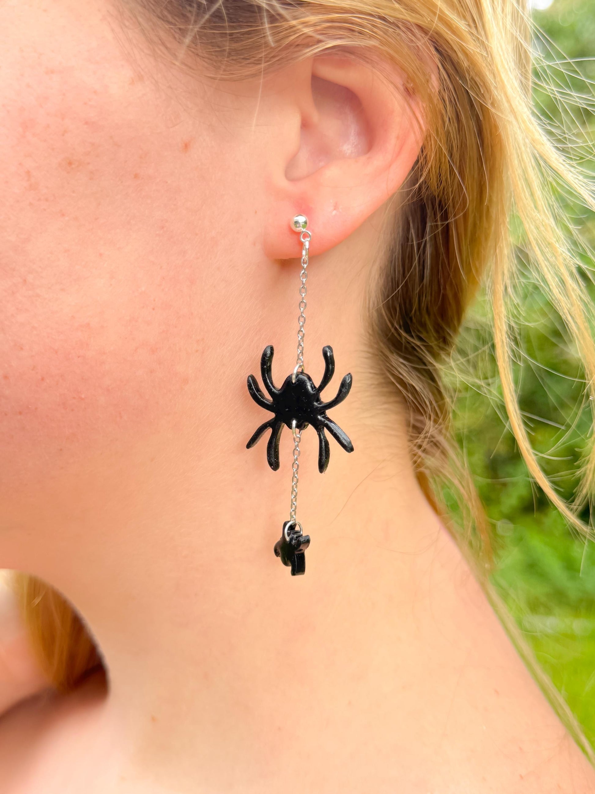 Sterling Silver Spider Dangle Earrings: Handmade Polymer Clay Halloween Jewelry