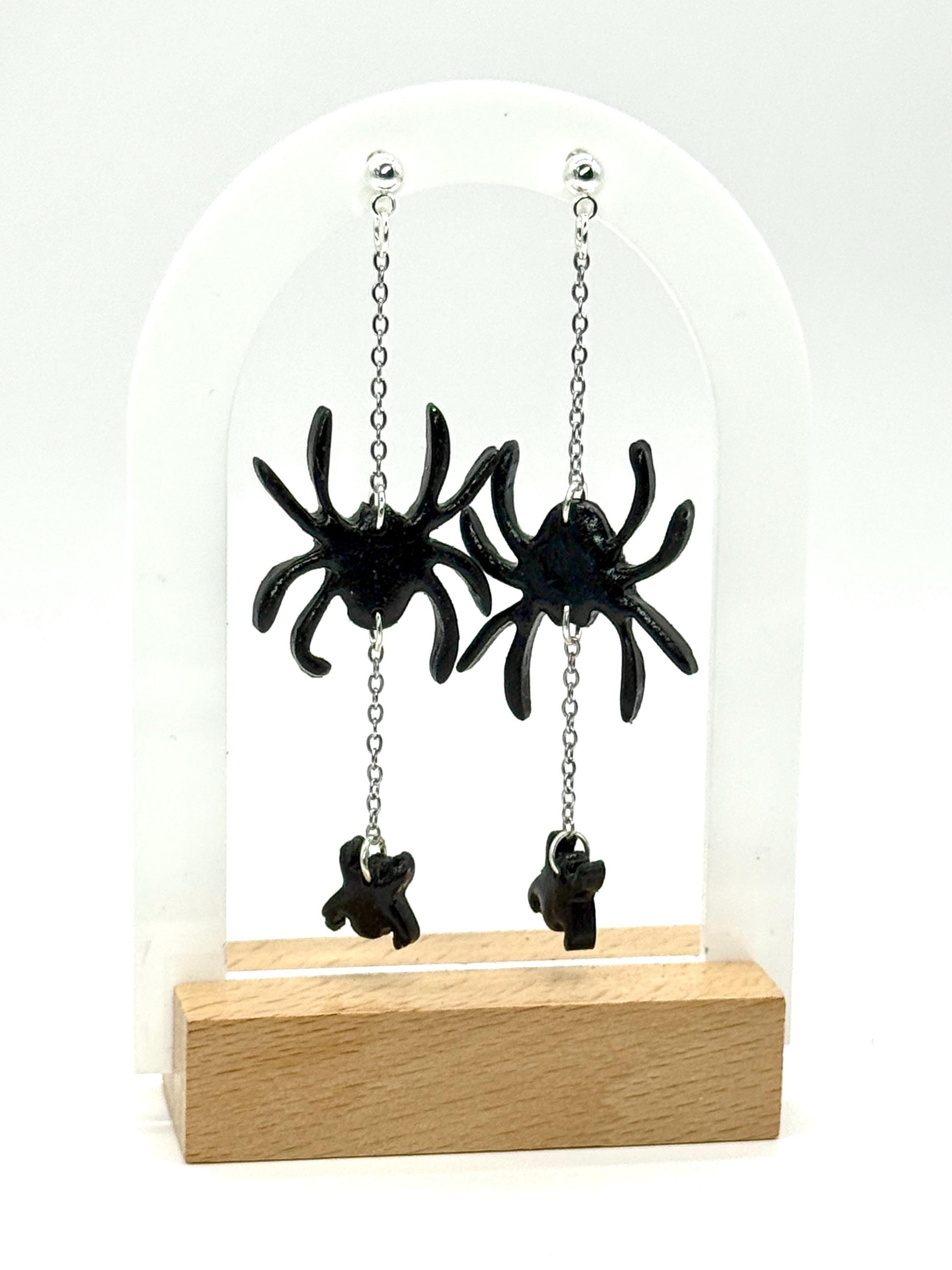 Sterling Silver Spider Dangle Earrings: Handmade Polymer Clay Halloween Jewelry