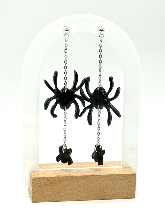 Sterling Silver Spider Dangle Earrings: Handmade Polymer Clay Halloween Jewelry