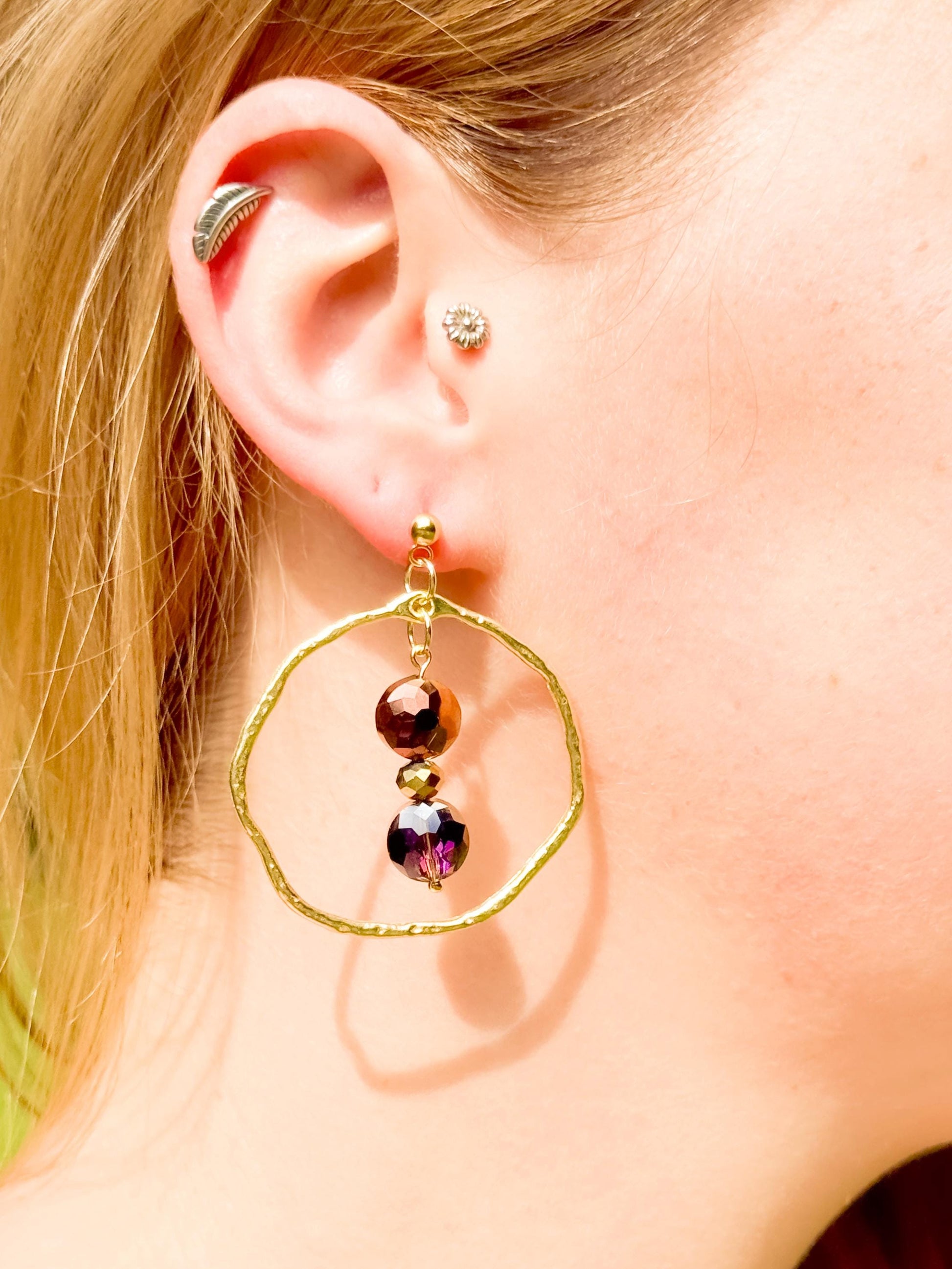 Hammered Gold Hoop Dangle Earrings: Autumn Glass Bead Statement Jewelry