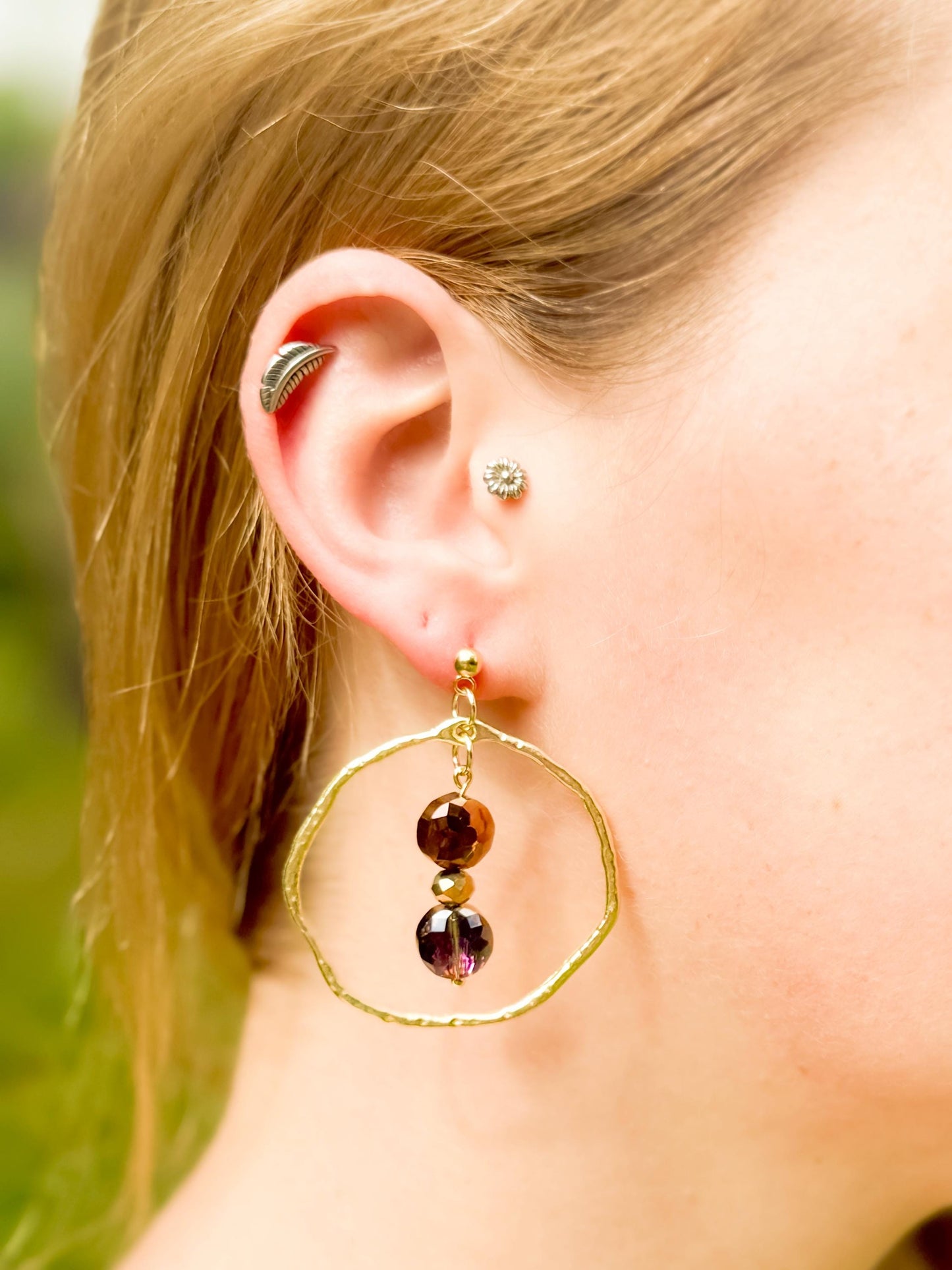 Hammered Gold Hoop Dangle Earrings: Autumn Glass Bead Statement Jewelry